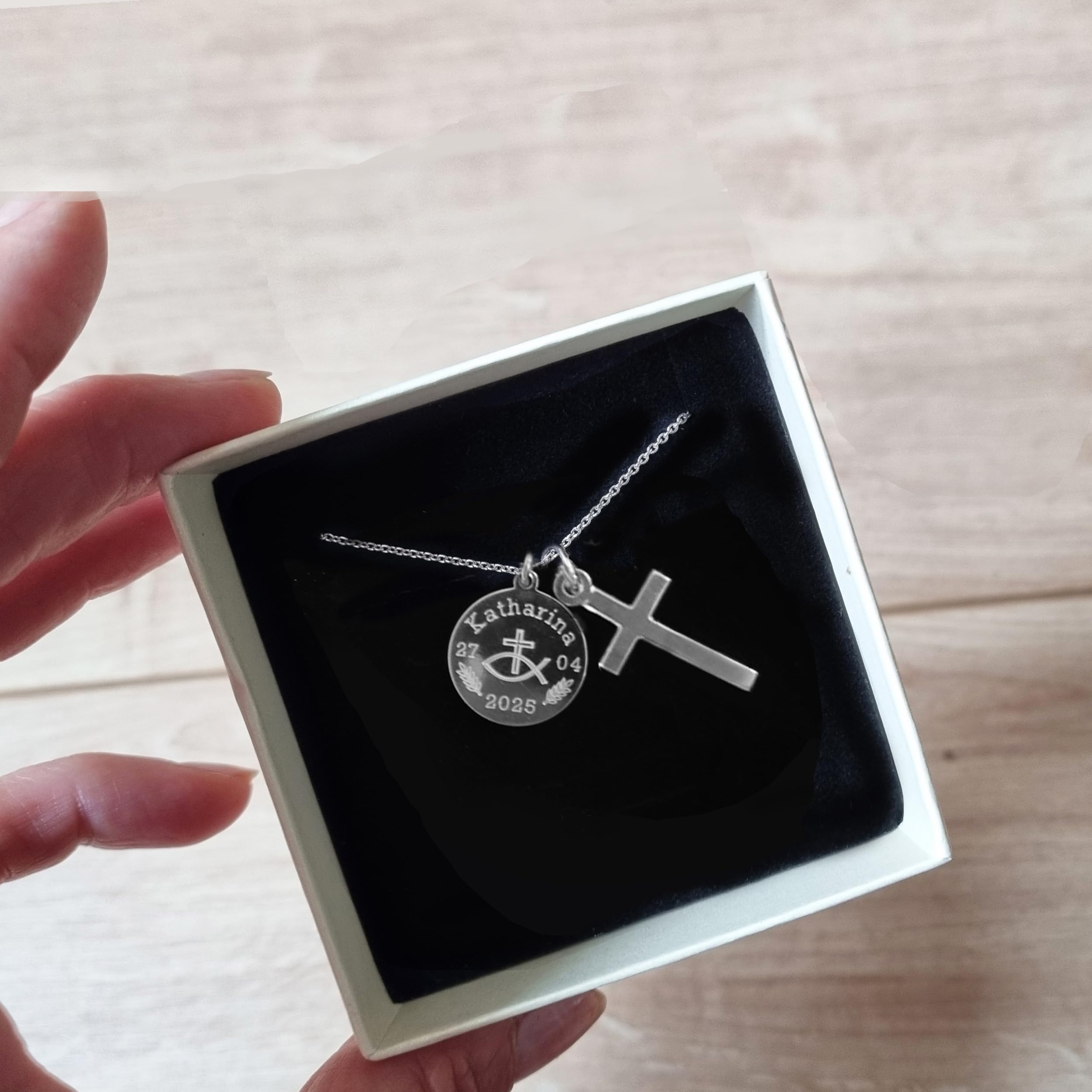 Christliche Kette mit Gravur, Kreuz oder Fisch Anhänger, Silber