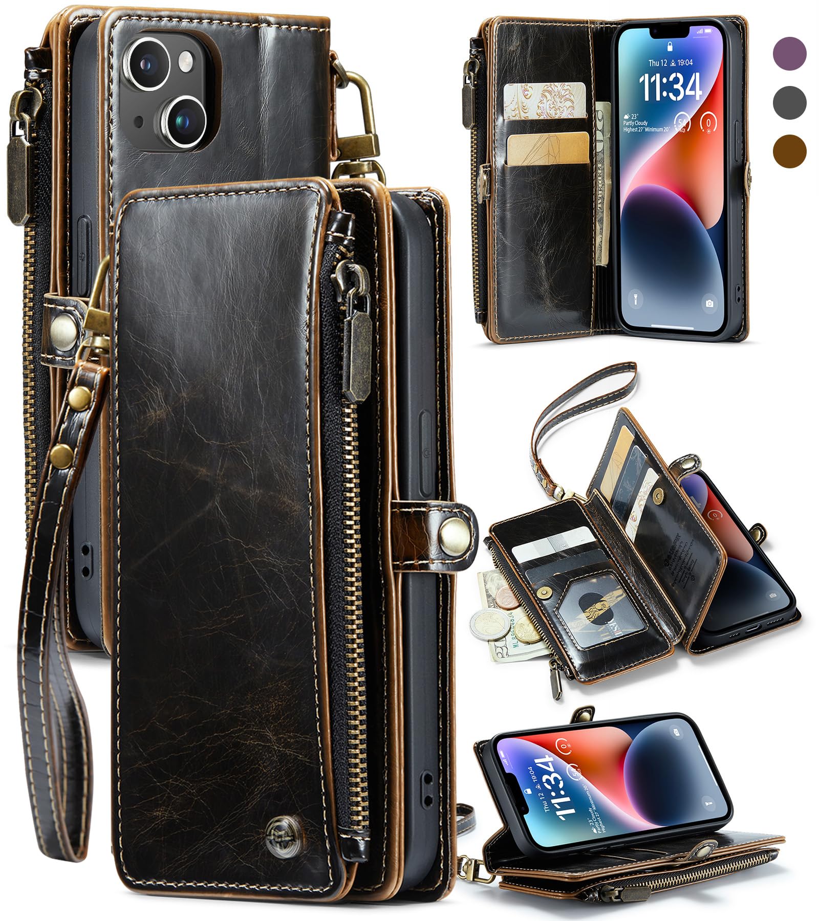 ELEPIK for iPhone 14 Case, iPhone 14 Wallet Case with Card Holder, Kickstand, Wristlet for Women Men, Durable PU Leather Magnetic Wallet Phone Case for iPhone 14, Luxury Coffee