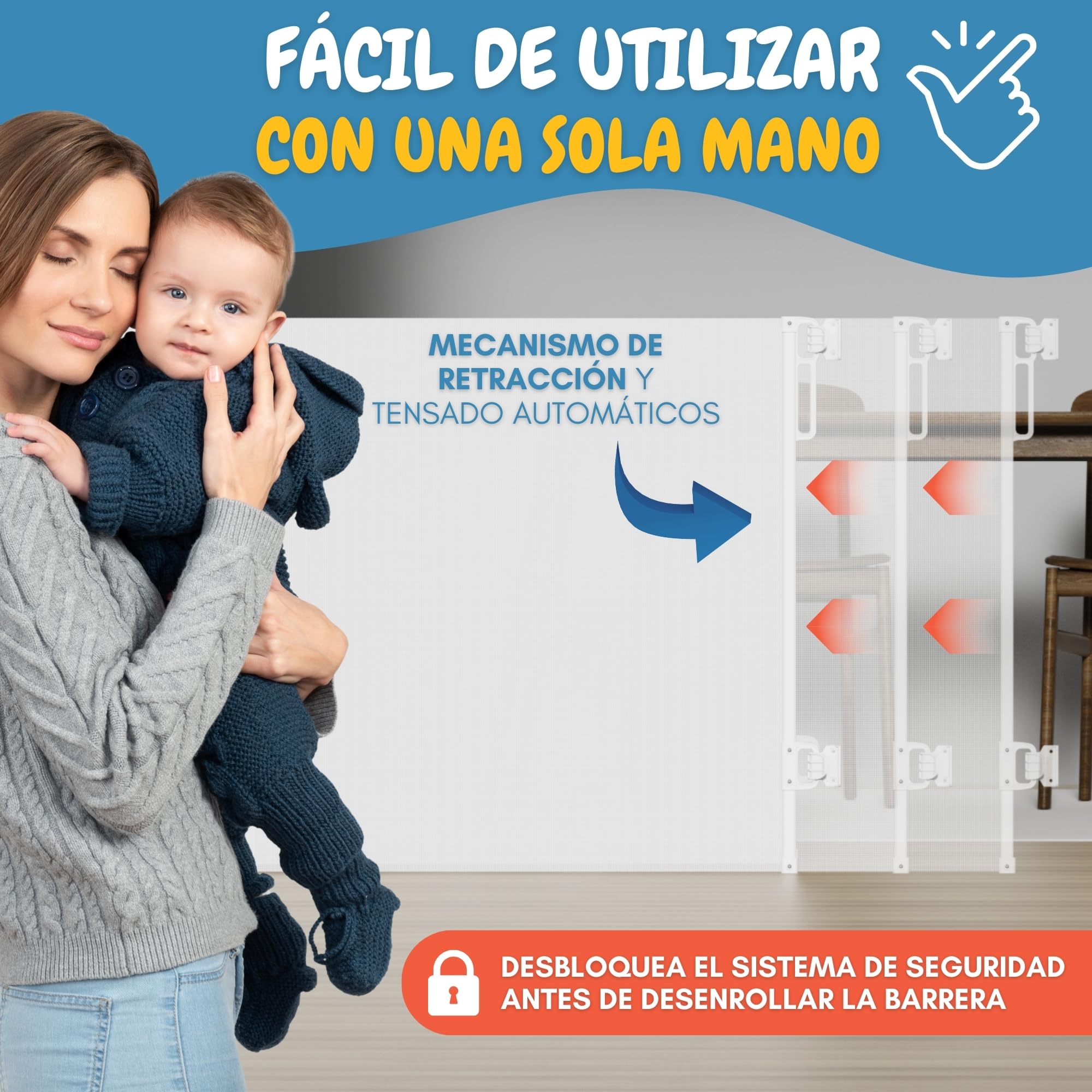 PARVULÍ Barrera Seguridad Niños Escalera Retráctil 0 a 140 cm + 2 Protectores de Puerta - Valla Seguridad Infantil - Barrera Perros Puerta - Puerta Escalera Bebe Seguridad - Interiores y Exteriores