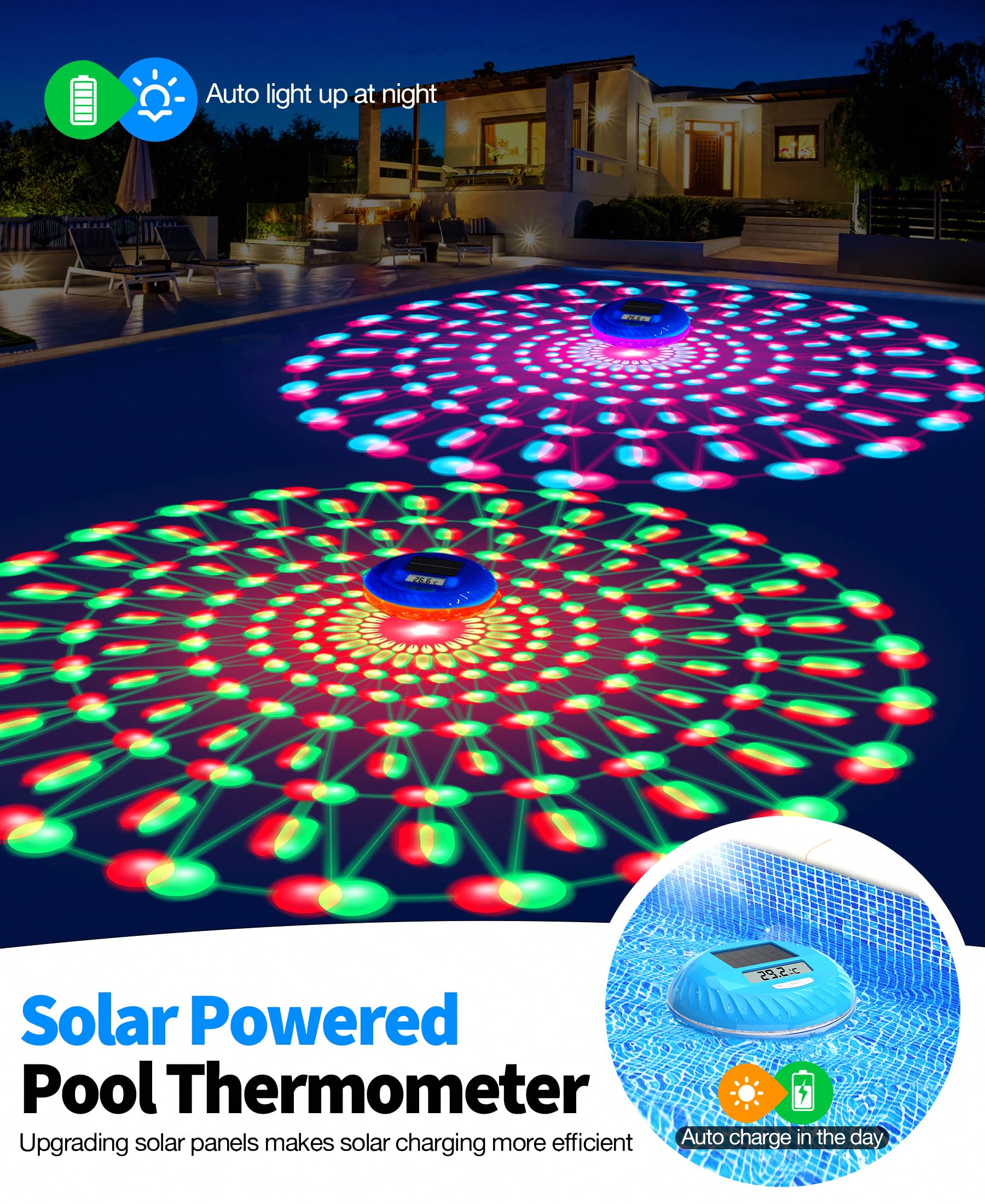 LuxBlue 2 en 1 Thermometre Piscine Solaire et Lampe Piscines, Thermometre Piscine Flottante avec Spectacle Lumineux Sous-marin Coloré, IP68 Ultra-précis Thermometres Piscines Numérique Facile à Lire