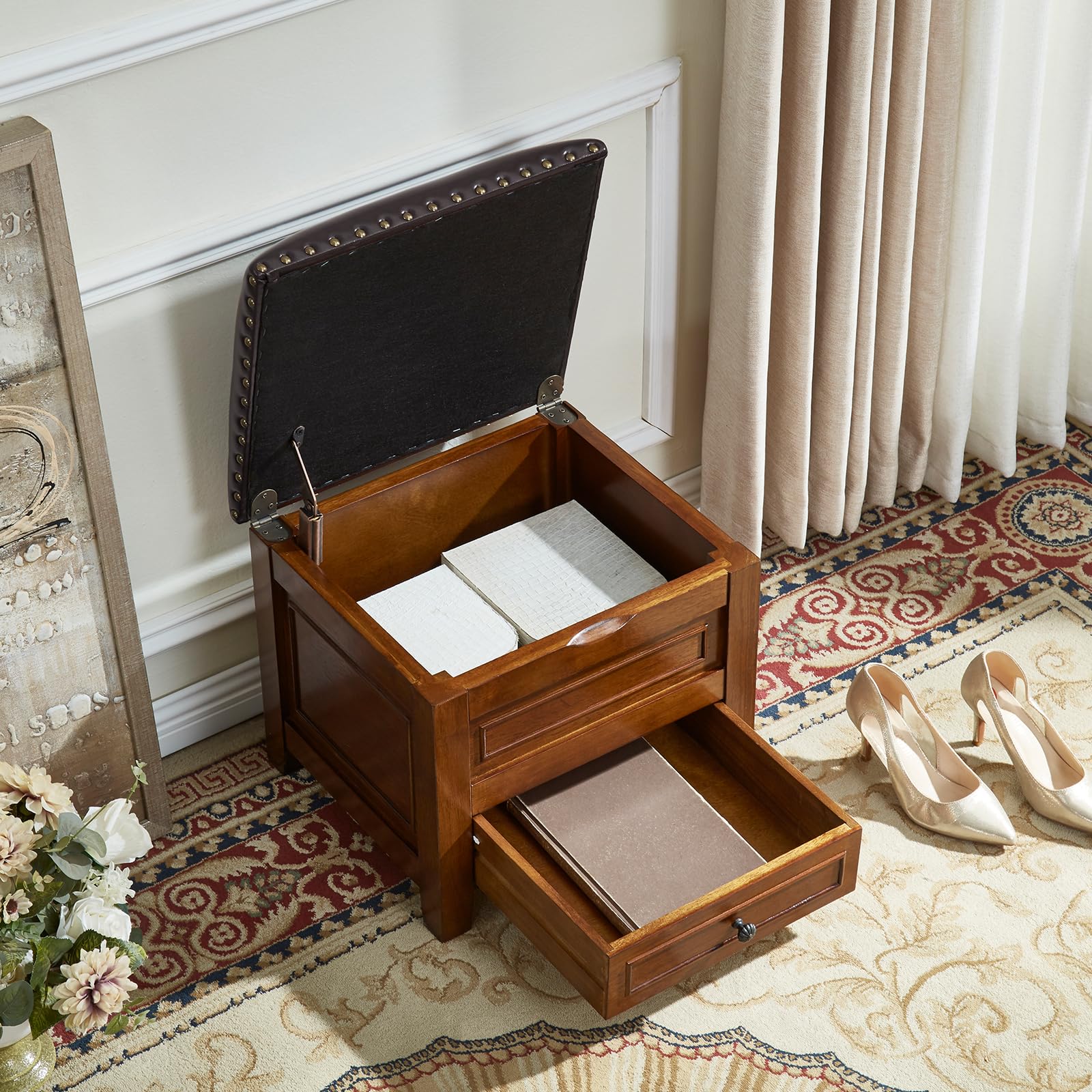 HOOTSMALL Storage Ottoman with Drawer Shoe Bench Use Microfiber Leath — product photo