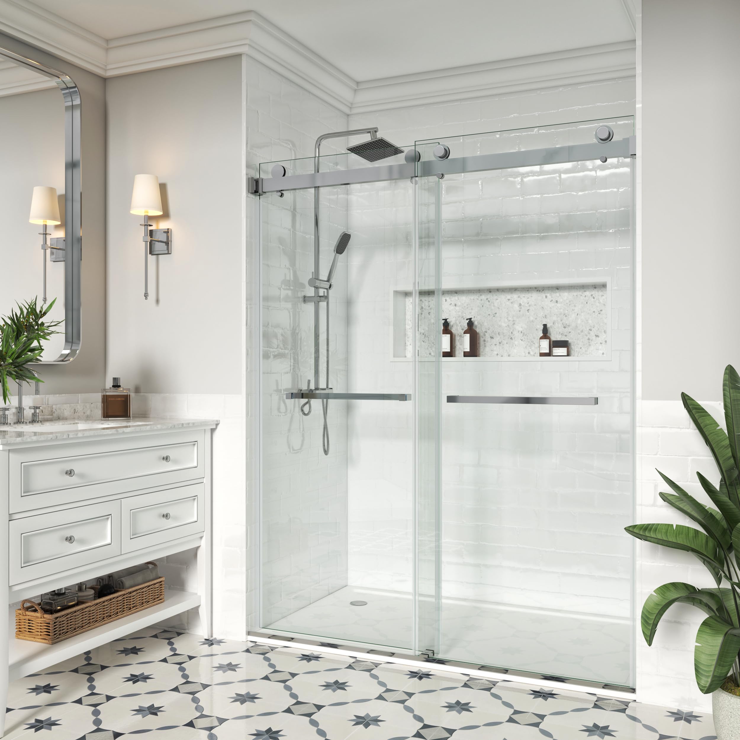 Frameless Shower Door, 62"-66" W x 76" H, Width Adjustable, SGCC Certified 3/8" (10 mm) Clear Tempered Glass, Double Sliding Shower Door, Stainless Steel Chrome Finish DS01