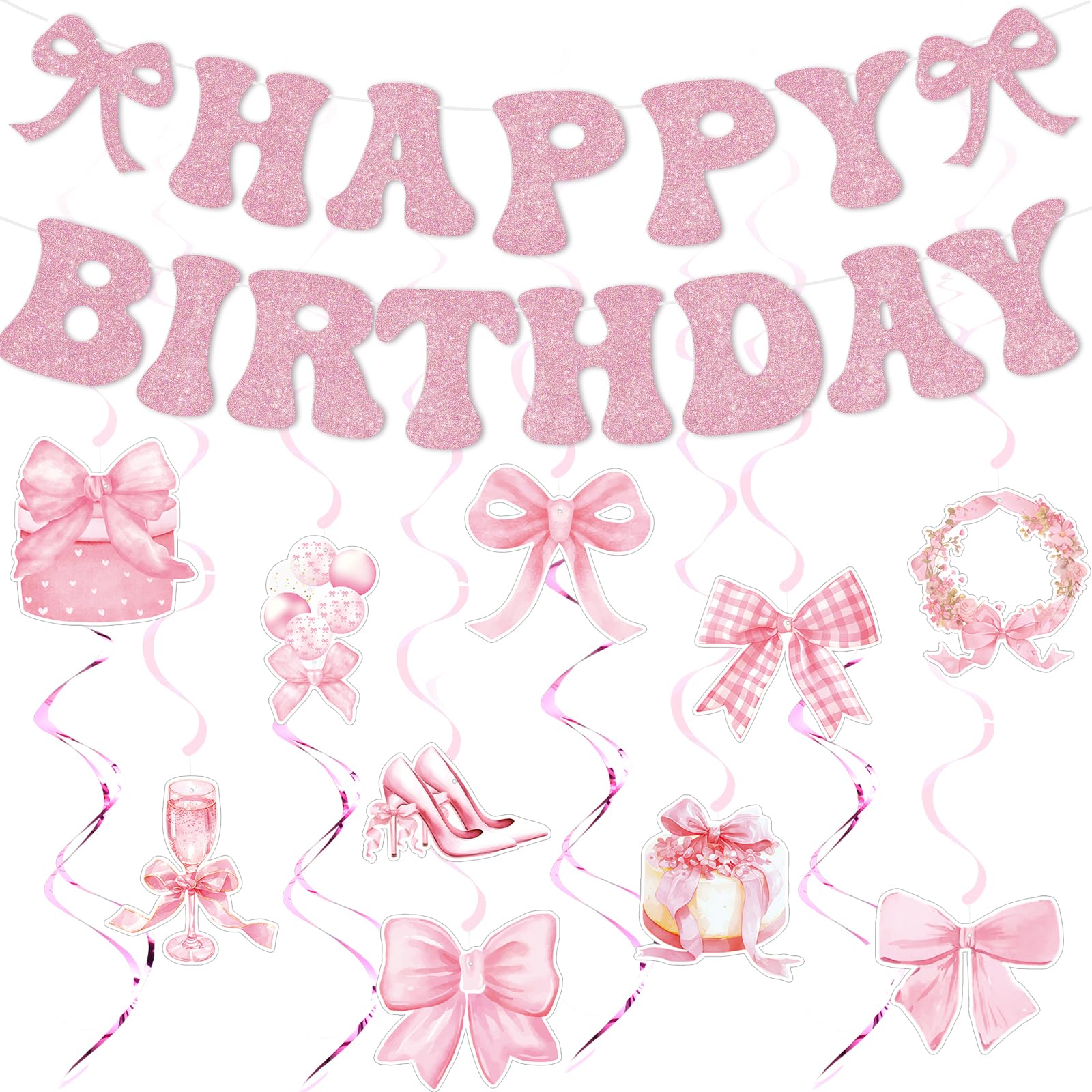 25 Pcs Pink Bow Birthday Party Decorations Glitter Happy Birthday Banner Garland Pink Hanging Swirls Bow Themed Party Decor Streamers for Girls Women Bday Baby Shower Bachelorette Party Supplies