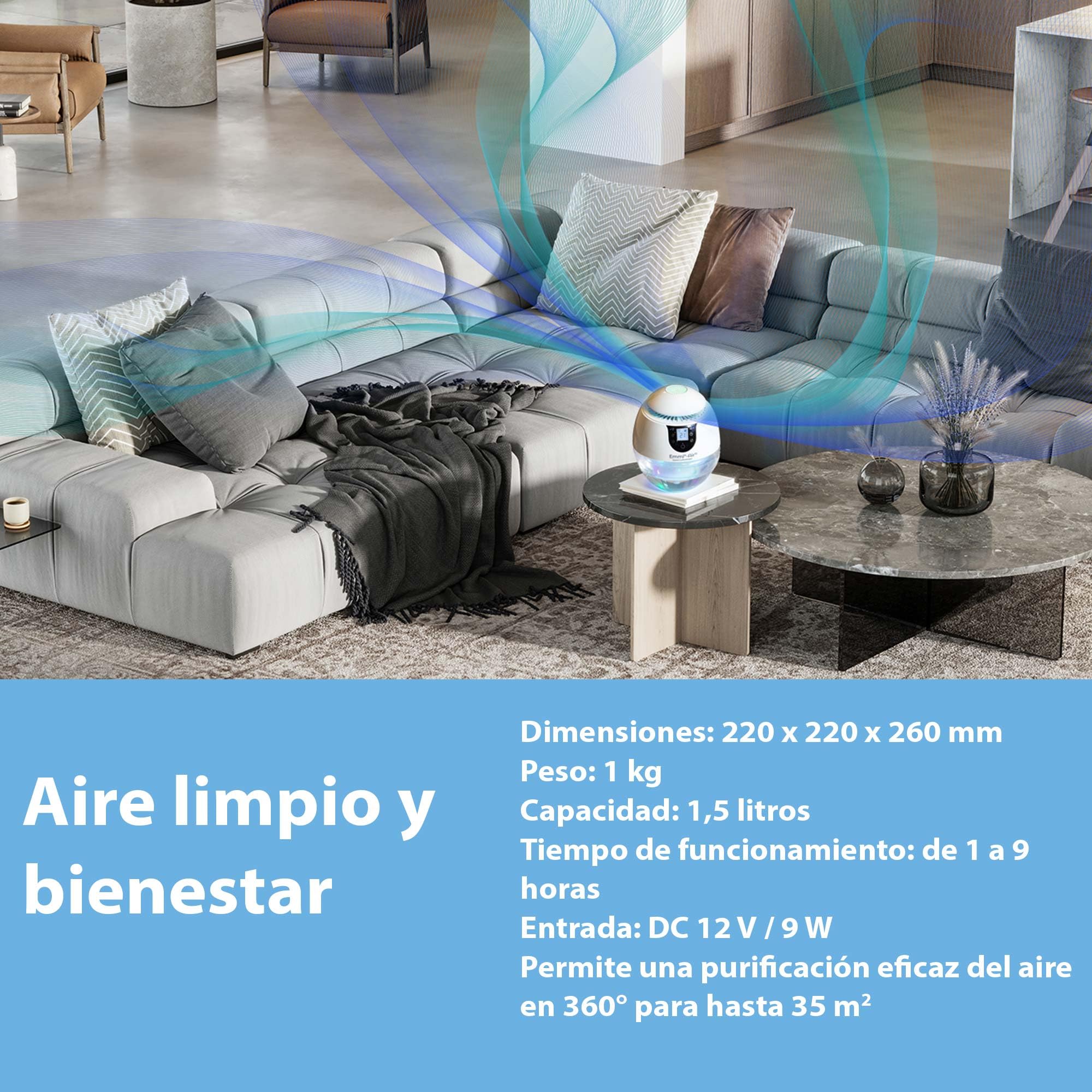 Emmi Air Ionizador de Aire - Adecuado para alérgicos | Hasta 35 m² | Purificador de Aire con iones neutralizadores de olores | Ideal contra polvo, virus, polen y olor a acrílico