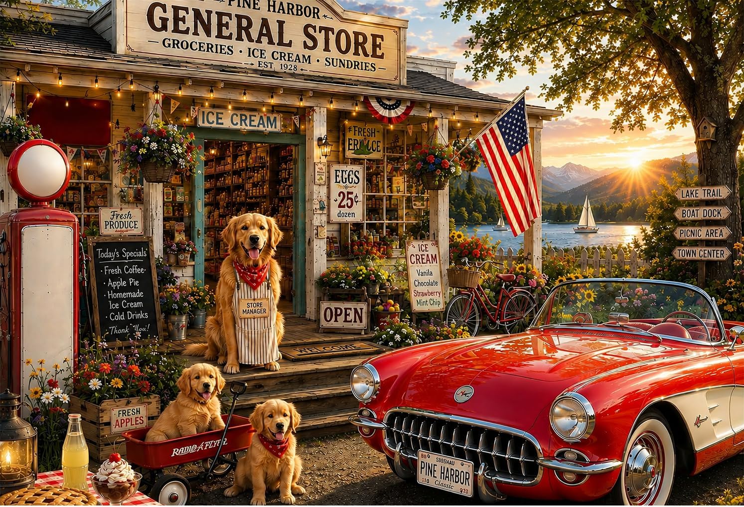 2000 Piece Jigsaw Puzzle for Adults – Vintage Town, Classic Car & Dogs