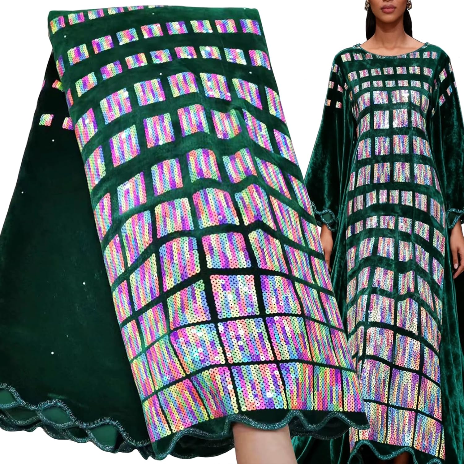 Bestway Lace Fashion Sequins Embroidery Velvet African Lace Fabric 5 Yards Nigerian Women Wedding Party Asoebi Sewing Lace Material(Teal)