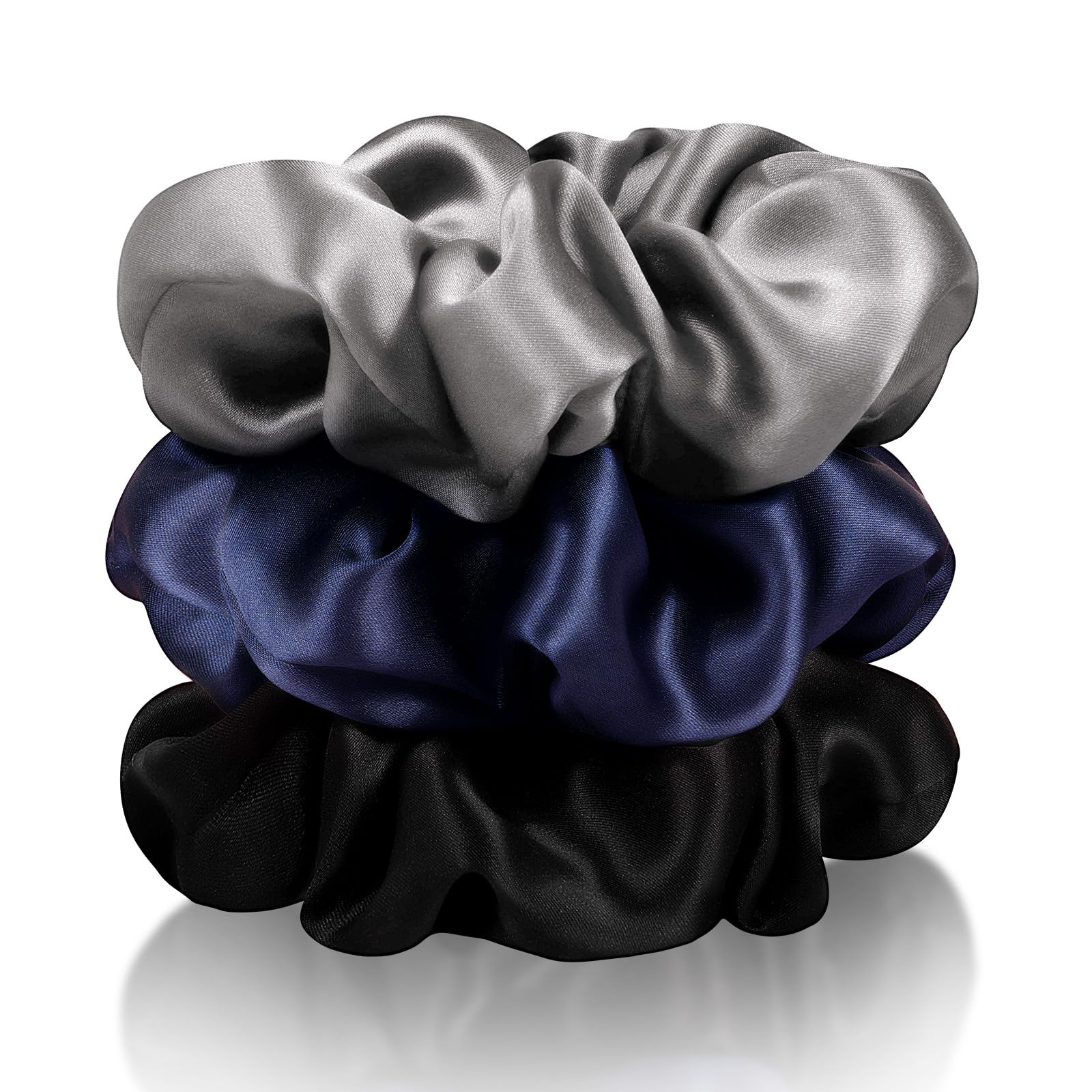 Zenssia Silk Scrunchies for Hair, Mulberry Silk Hair Ties for Women and Girls, No Damage Elastic Ponytail Holders（Black, Navy, Silvergrey）