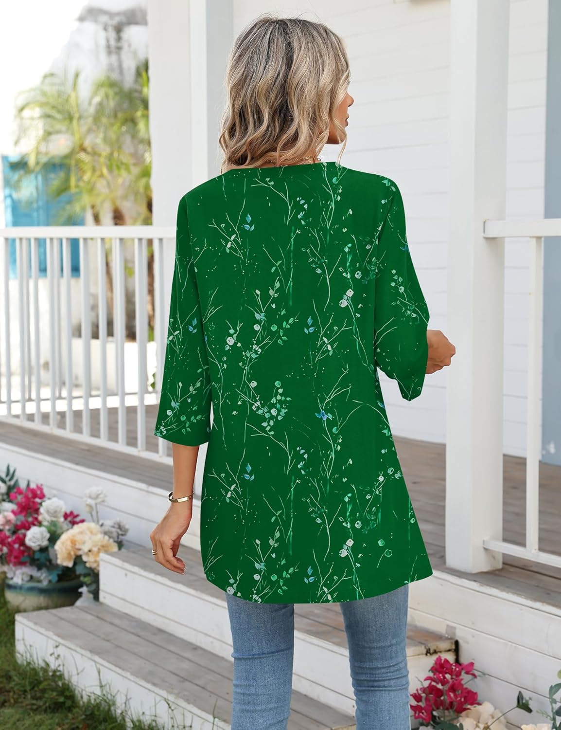 AKEWEI Womens Blouses Casual 3/4 Sleeve Tops for Women V Neck Tunics to Wear with Leggings Swing Flare - Image 3