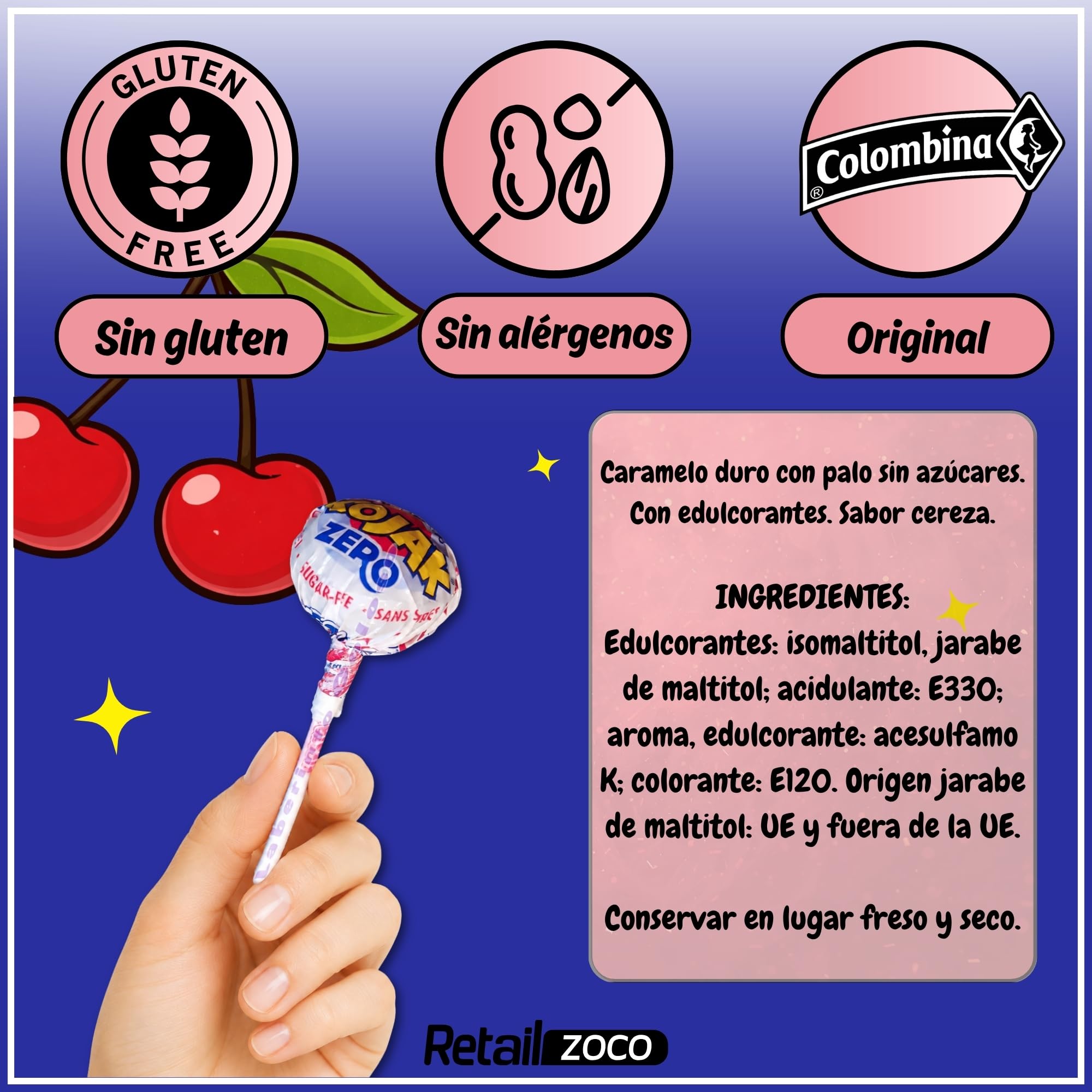 Caramelo con Palo sabor cereza SIN Azucar, Caramelo NO relleno de Chicle Kojak, Apto para veganos, sin gluten, sin huevo y sin lactosa es completamente apto para celíacos, 1 caja de 70 unidades