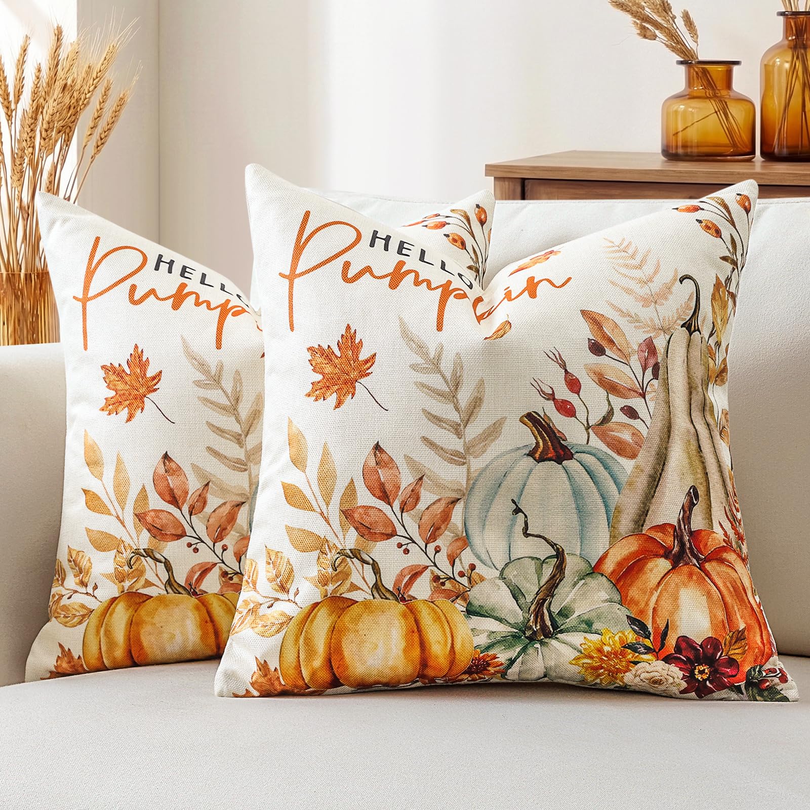 Artscope Hello Pumpkin Fall Cushion Covers 40x40cm, Set of 2 Autumn Pillowcases Thanksgiving Pillow Covers for Sofa Living Room Holiday Party Fall Decor Pumpkin and Leaves