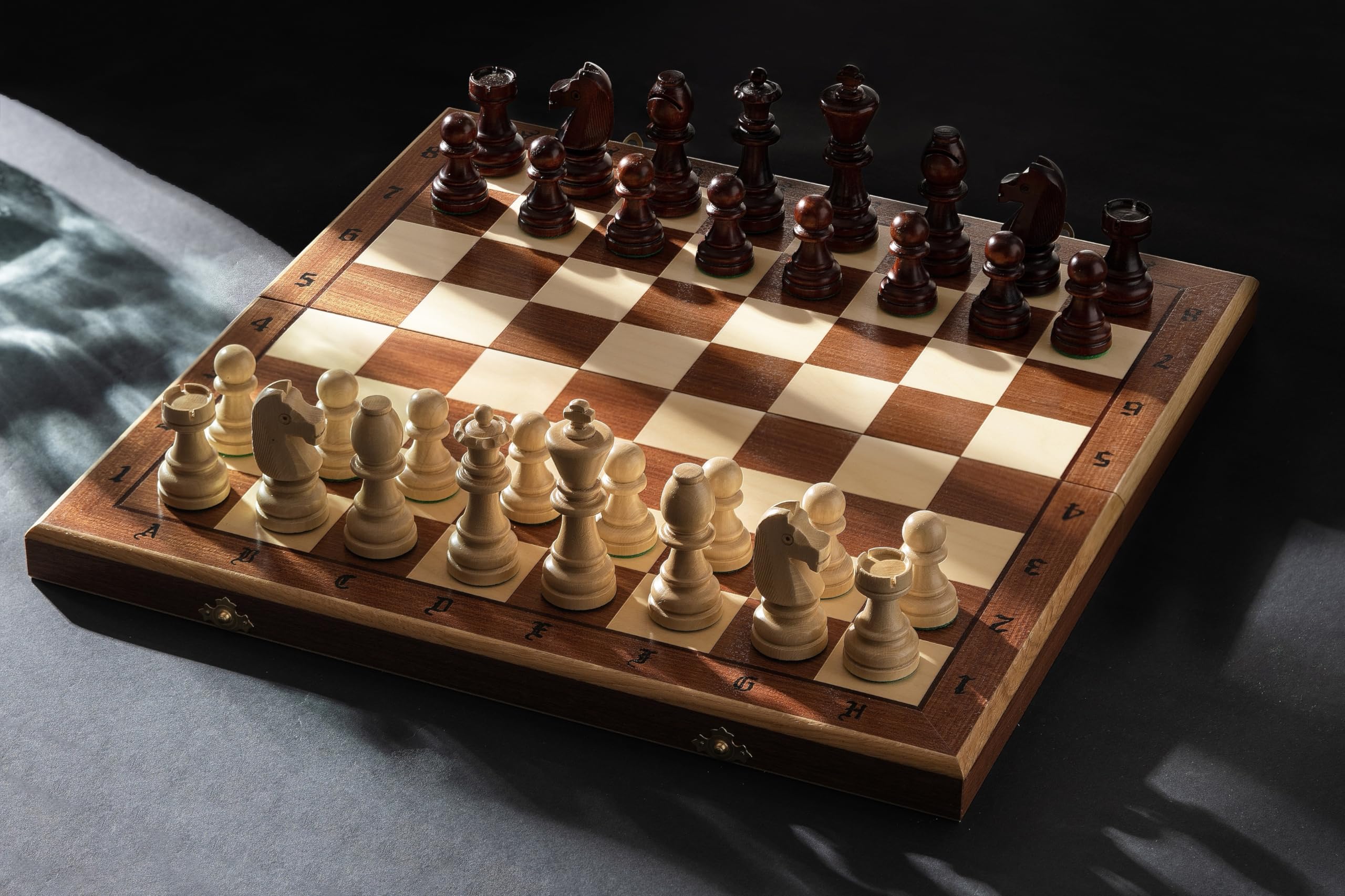 Sunrise Chess & Games Eleganti scacchi all'alba, Set scacchi da torneo Sunrise Chess n. 7 (50x50 cm) intarsiati - set scacchi di prima classe con figure Staunton fatte a mano e scacchiera