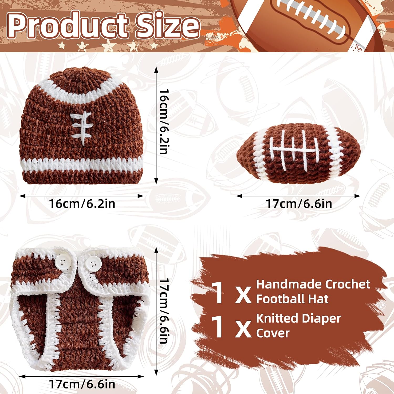 Baby Photography Outfits Crochet Knitted Football Player Outfit for Newborn Boy Girl, Newborn Photo Props Sports Costume, Handmade Crochet Football Hat & Diaper Cover Set for Baby Photoshoot