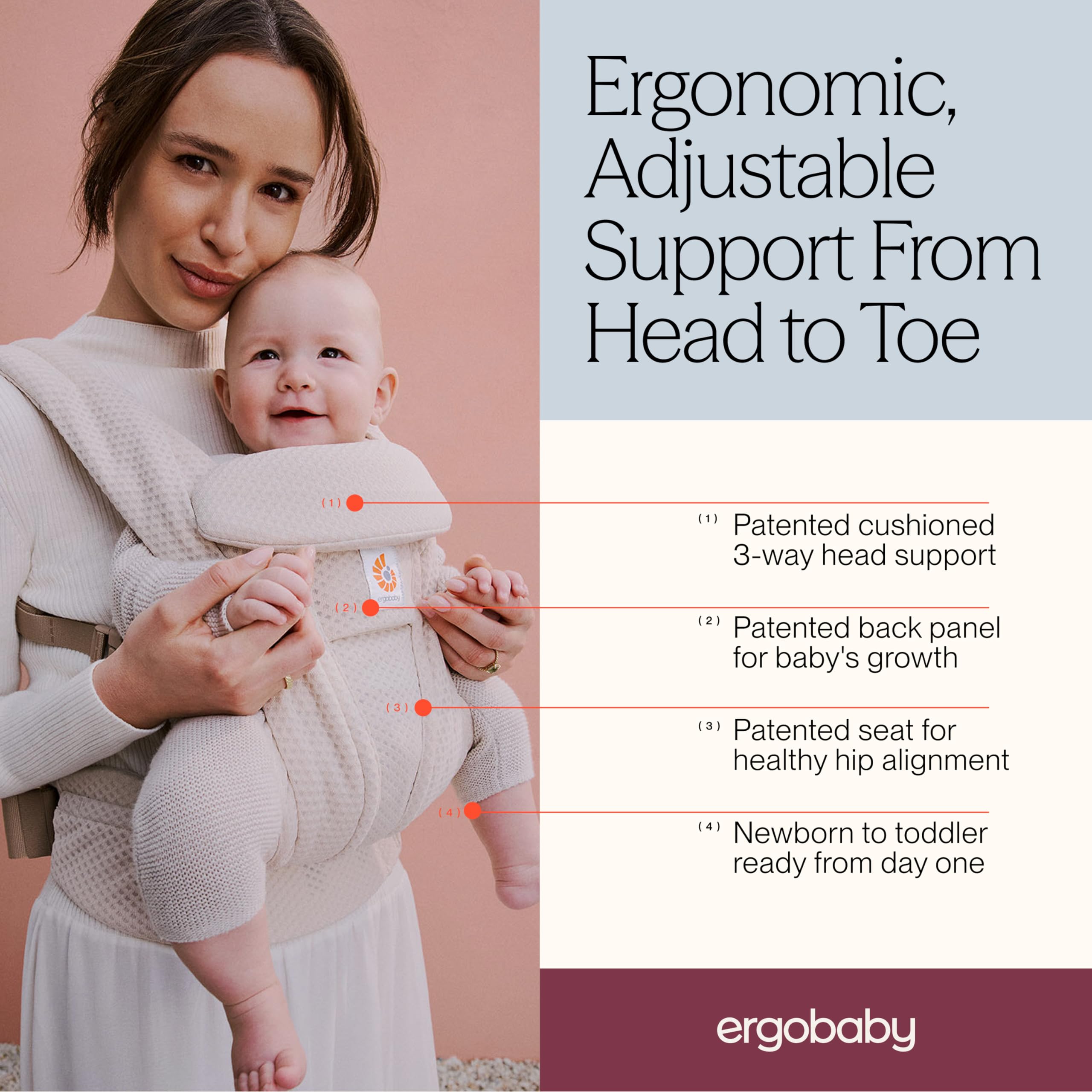 Ergobaby Omni Deluxe Porte-bébé tout-en-un pour les nouveau-nés dès la naissance jusqu'à 20kg, porte-bébé ergonomique en mesh 4 positions, dorsal, porte-bébé de voyage, Natural Beige