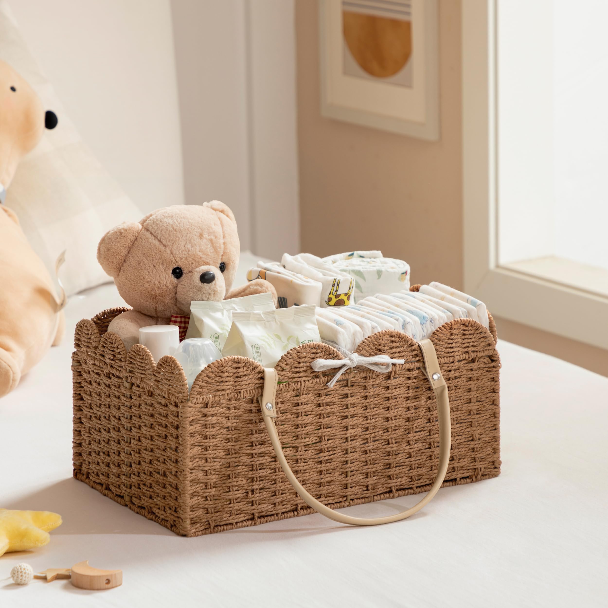 HBlife Grand panier à couches pour bébé, panier de rangement en corde de papier avec séparateur amovible, organiseur portable de voiture pour couches, cadeaux de fête prénatale, essentiels pour