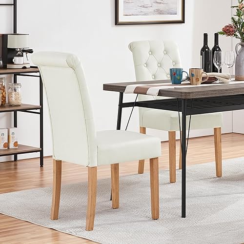 Miniatura 11 de Topeakmart Silla de comedor tapizada de tela clásica, 2 piezas, con respaldo alto, sillas de comedor acolchadas con patas de madera para el hogar y
