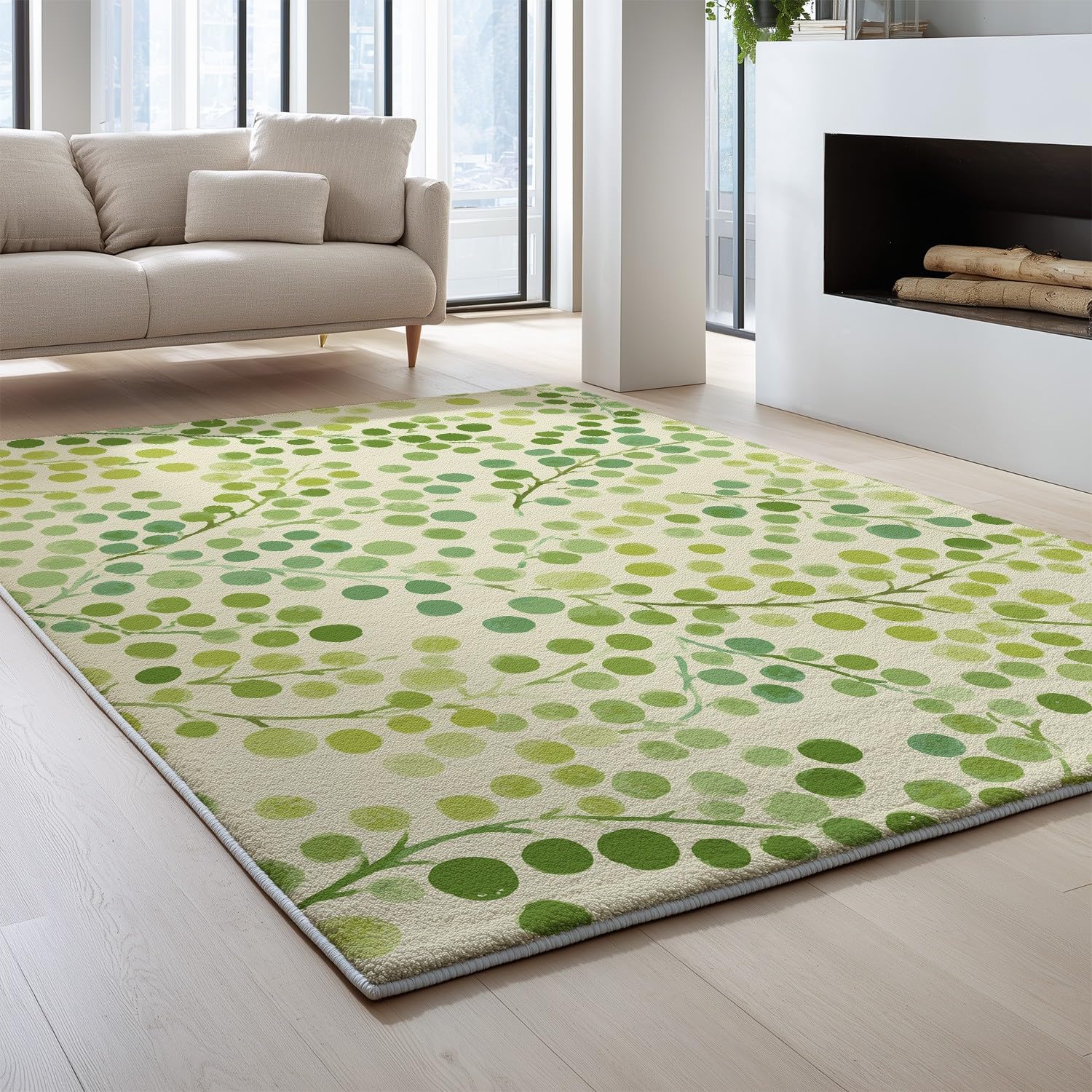 Generyczna wycieraczka do użytku w pomieszczeniach, 160 x 230 cm, nadaje się do prania w pralce, nowoczesna, minimalistyczna, elegancka w kropki, kremowo-zielony, antypoślizgowy, z niskim runem do