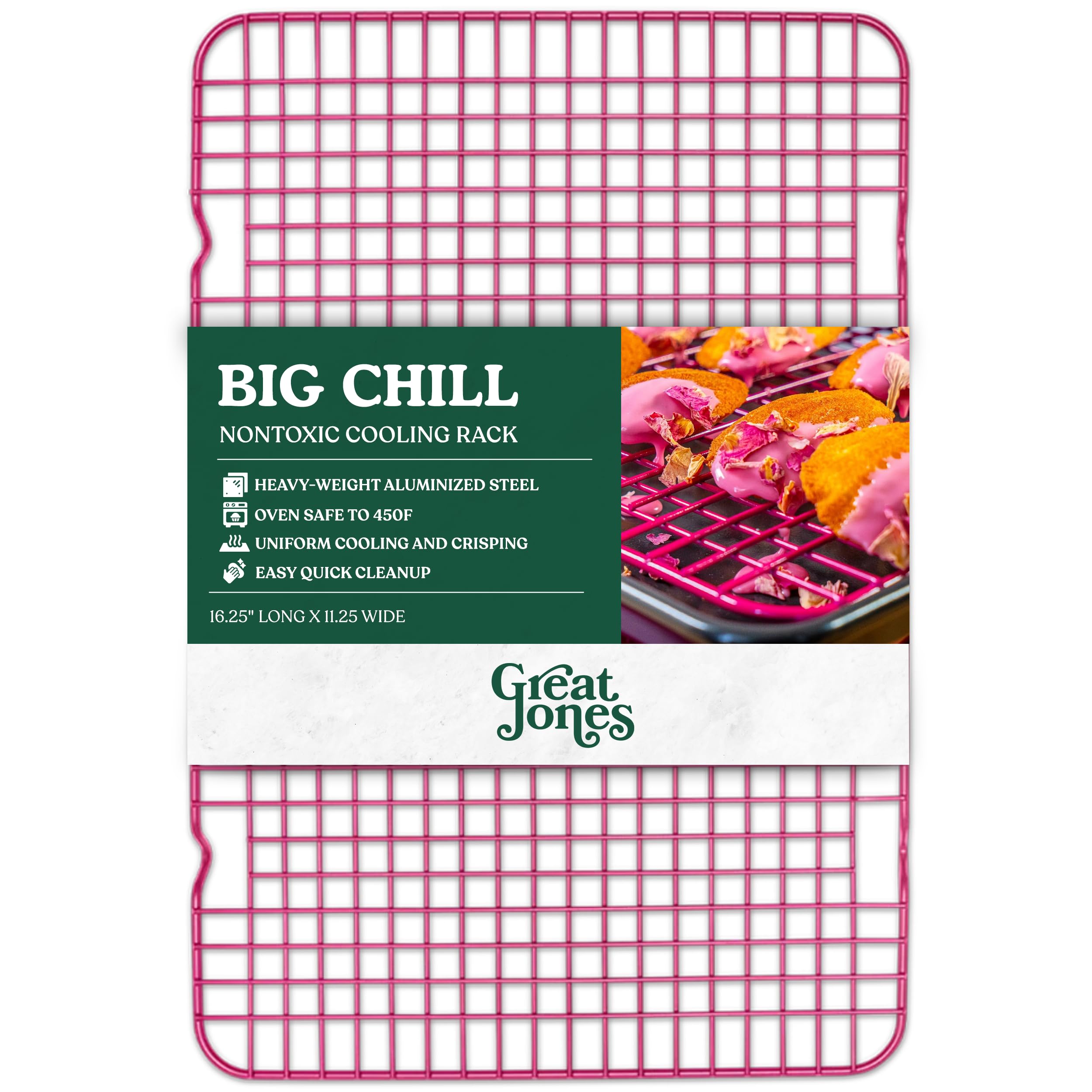 Great Jones Big Chill Wire Cooling Rack (Raspberry) – 16.9" × 11.4" Heavy-Weight Aluminized Steel,Nonstick Baking Rack – Oven Safe 450 °F, Bacon &
