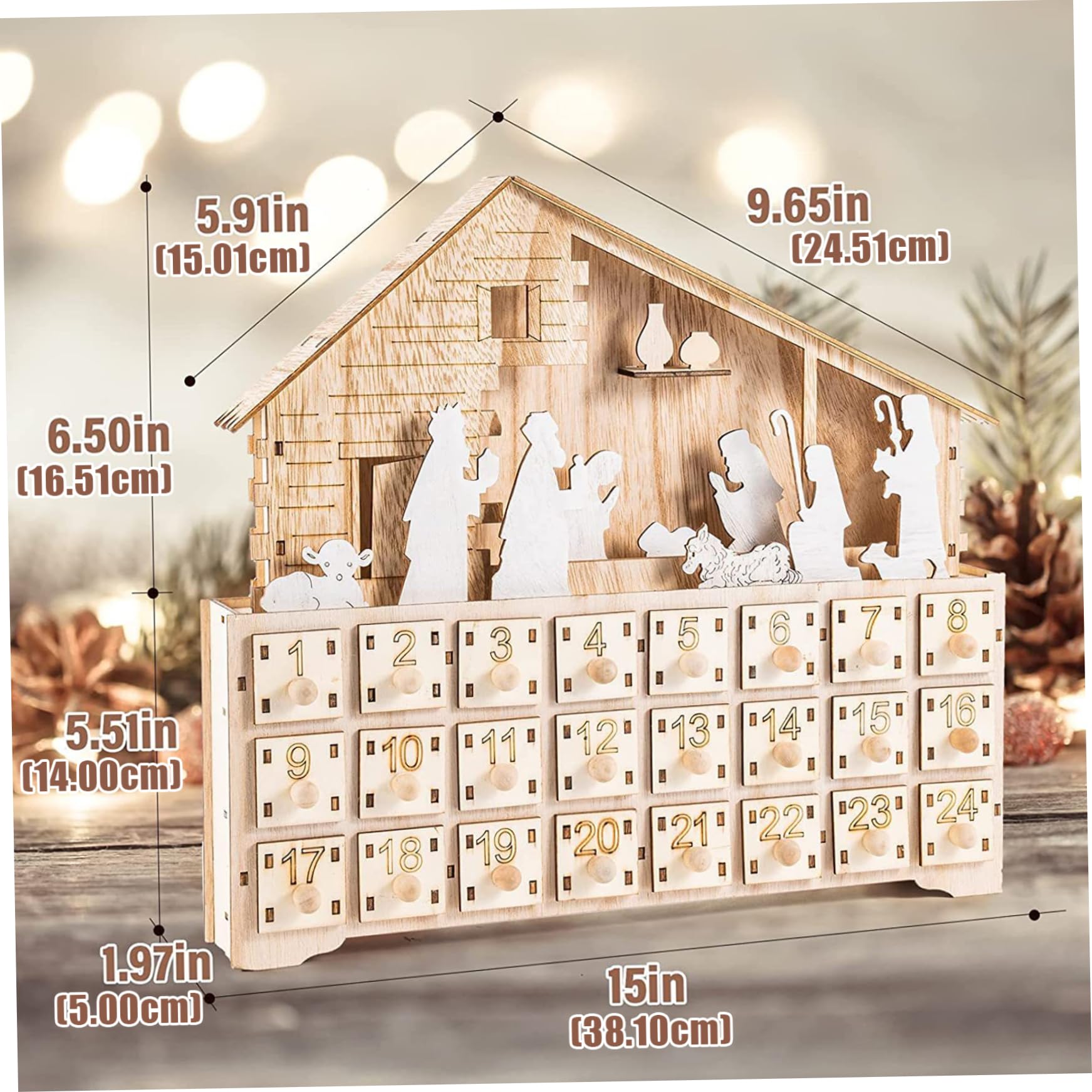 Calendario dell'avvento natività in legno, calendario dell'avvento natalizio della scena della natività 2023, riempi il tuo calendario dell'Avvento con 24 cassetti e luci a LED per bambini per ad