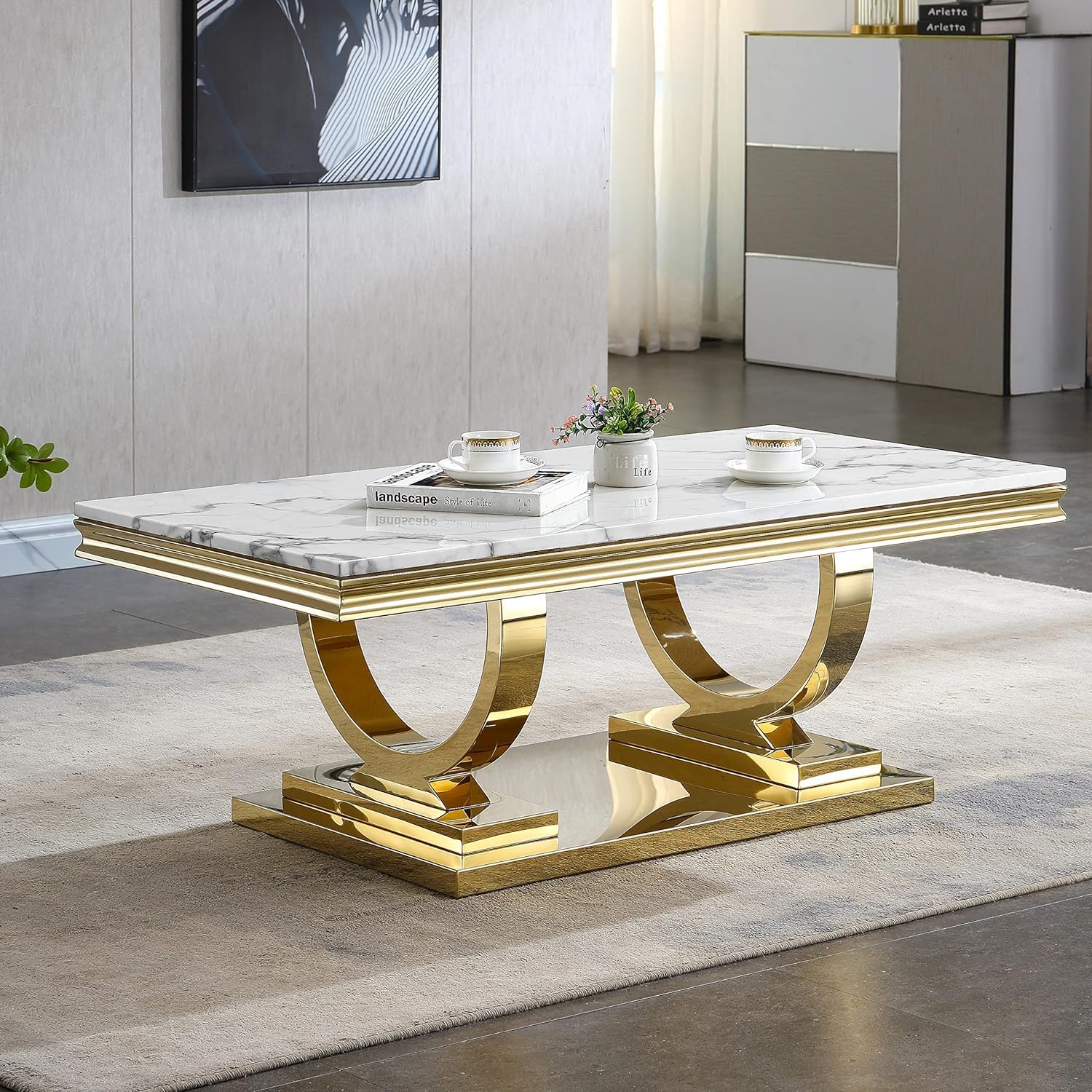 47 inch White Marble Coffee Table with Mirrored Stainless Steel Metal Base Rectangle Faux Marble Top Coffee Table