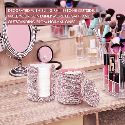 Miniatura 3 de KEYPOWER Almohadilla de bolas de algodón con diamantes de imitación, soporte dispensador de hisopos de acrílico con tapa, contenedor organizador