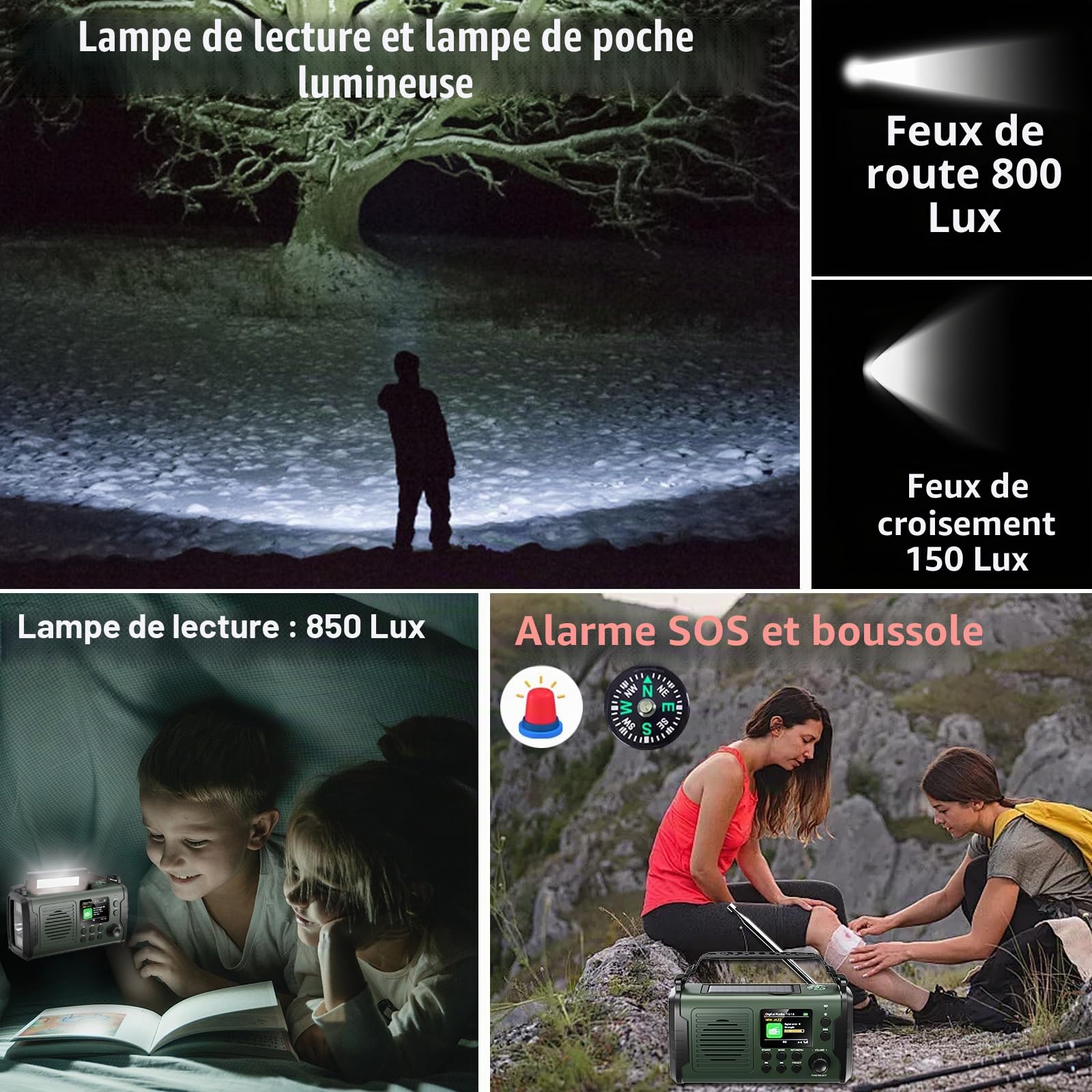 20000mAh Radio Solaire, Dab/Dab+/FM Radio à Manivelle, 3 Méthodes de Recharge, 11 en 1 avec Bluetooth 5.3, Batterie Externe, SOS, Lampe Torche, Boussole,Carte TF et Lampe de Lecture