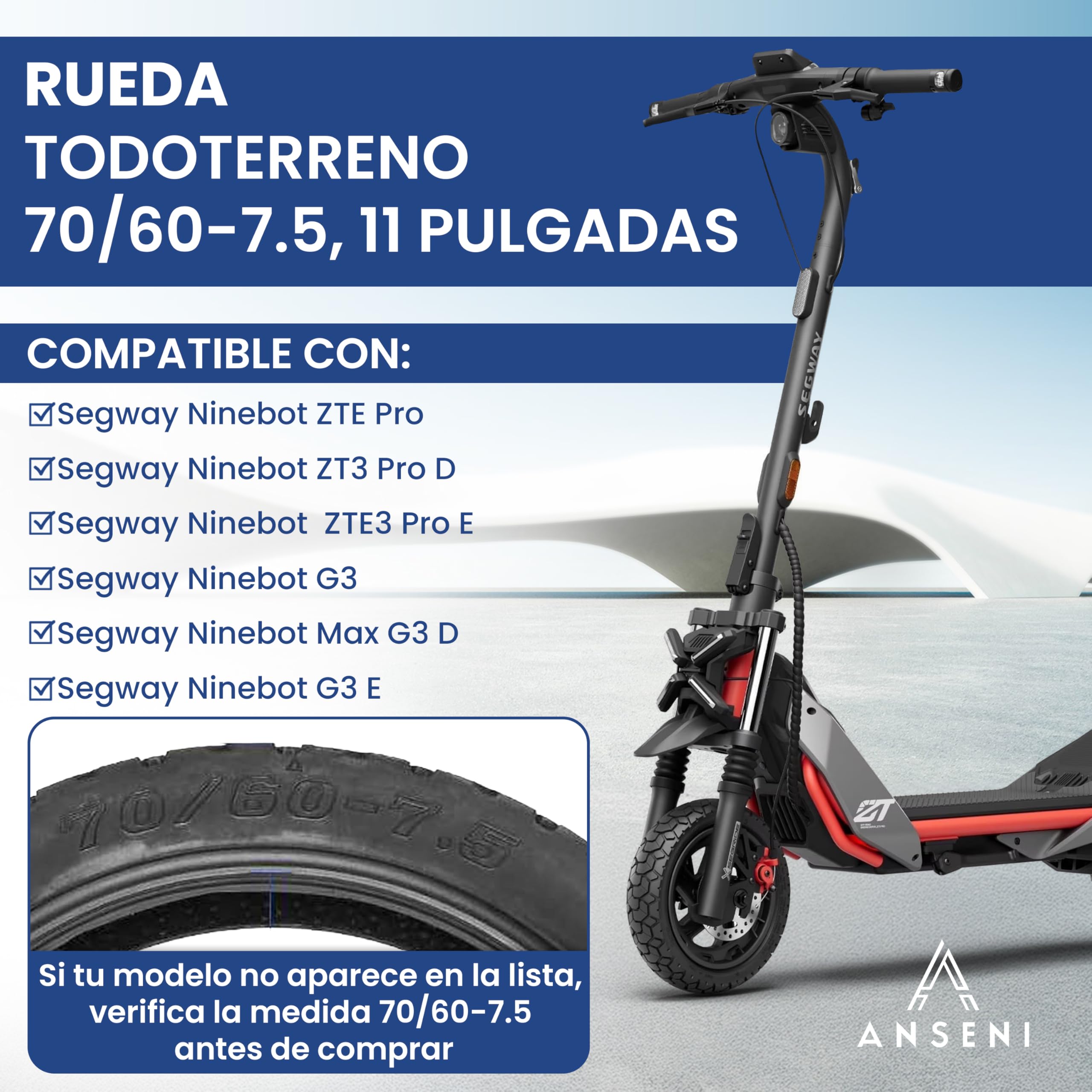 ANSENI Ruota copertura 70/60-7.5, pneumatico 11 pollici compatibile con monopattino elettrico Segway Ninebot ZT3 / ZT3 PRO / ZT3 PROE (1 ruota)