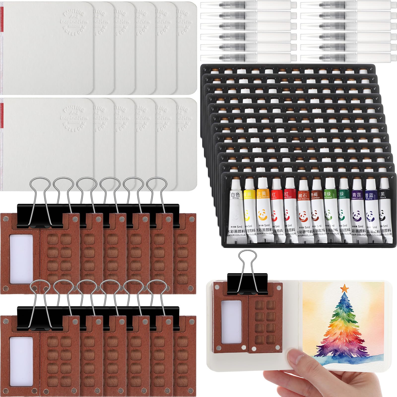 Palette aquarelle voyage 12 grilles bois avec pinceaux et carnet de croquis