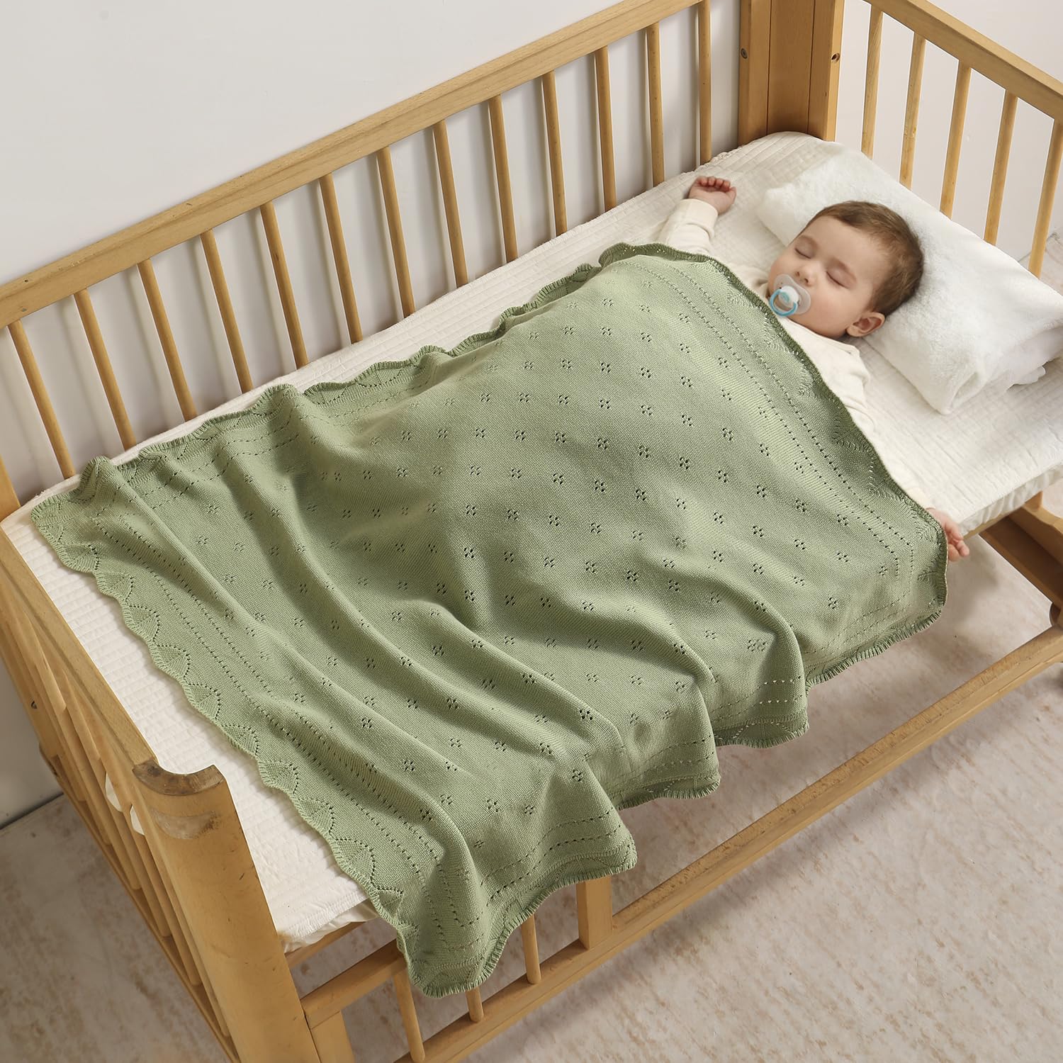 Loyfoky Cellular Blanket Baby 100% Luxury Cotton Soft & Cozy for Boy Girl Newborns Swaddle,Nursery,Pram,Cot,Green 100x80cm - Image 2