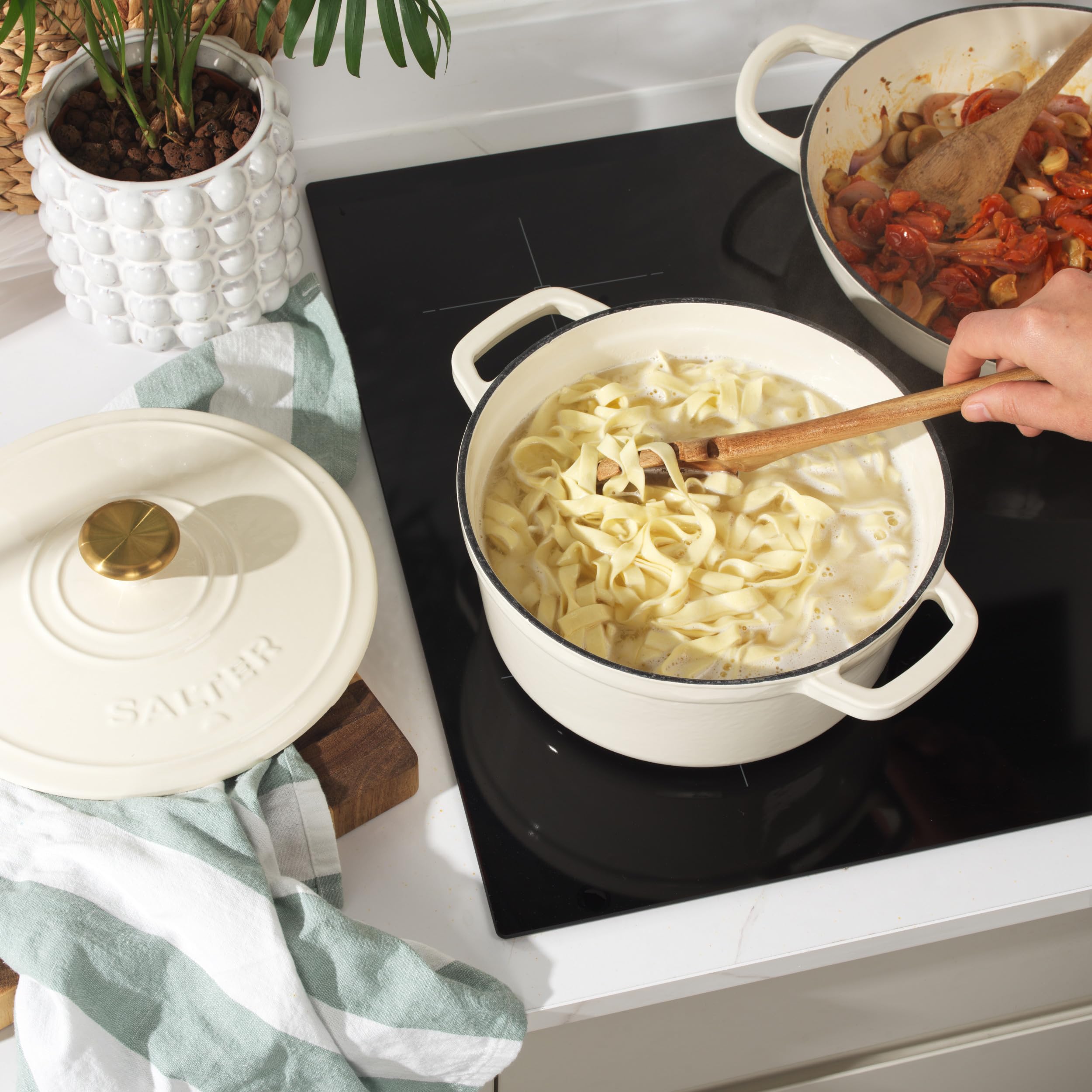Salter Chester Casseruola in Ghisa – Crema, 24CM, Autoinnaffiante, Forno Olandese, Cucina da Piano a Forno, Tutti i Tipi di Piano Inclusa Induzione, 3.4L, Senza PFAS, Ritenzione del Calore