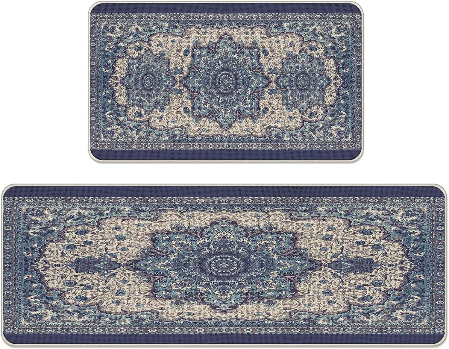 Boho Vintage Floral Kitchen Rugs Set of 2, Retro Blue Beige Flower Antique Floor Mats Home Decor, Farmhouse Geometric Door Mat Decorations - 17x29 and 17x47 Inches