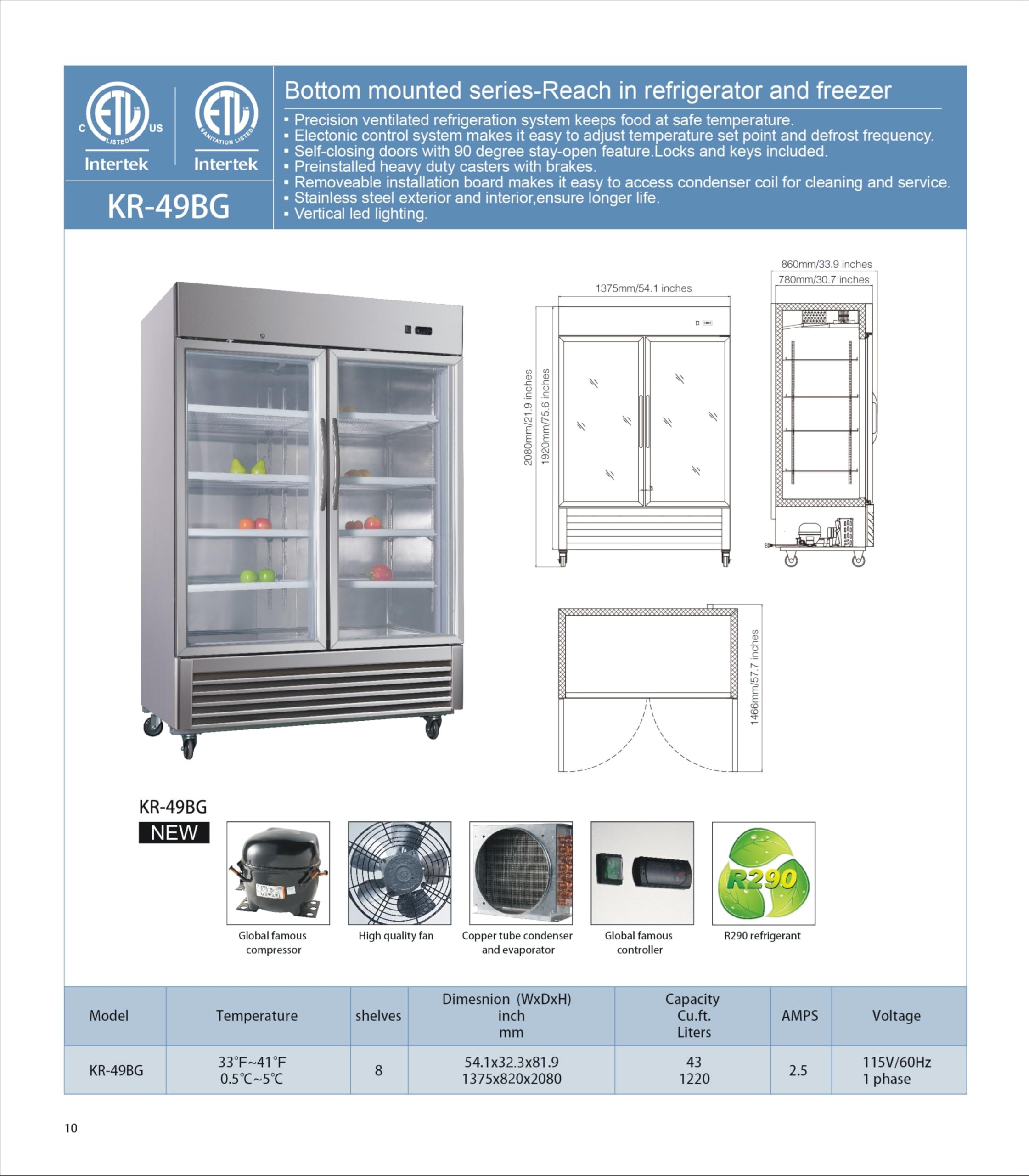 Elite Kitchen Supply Commercial 2-Door Glass Display Refrigerator, 43 Cu.Ft, 8 Shelves, 33°F-41°F, Stainless Steel, ETL Listed KR-49BG