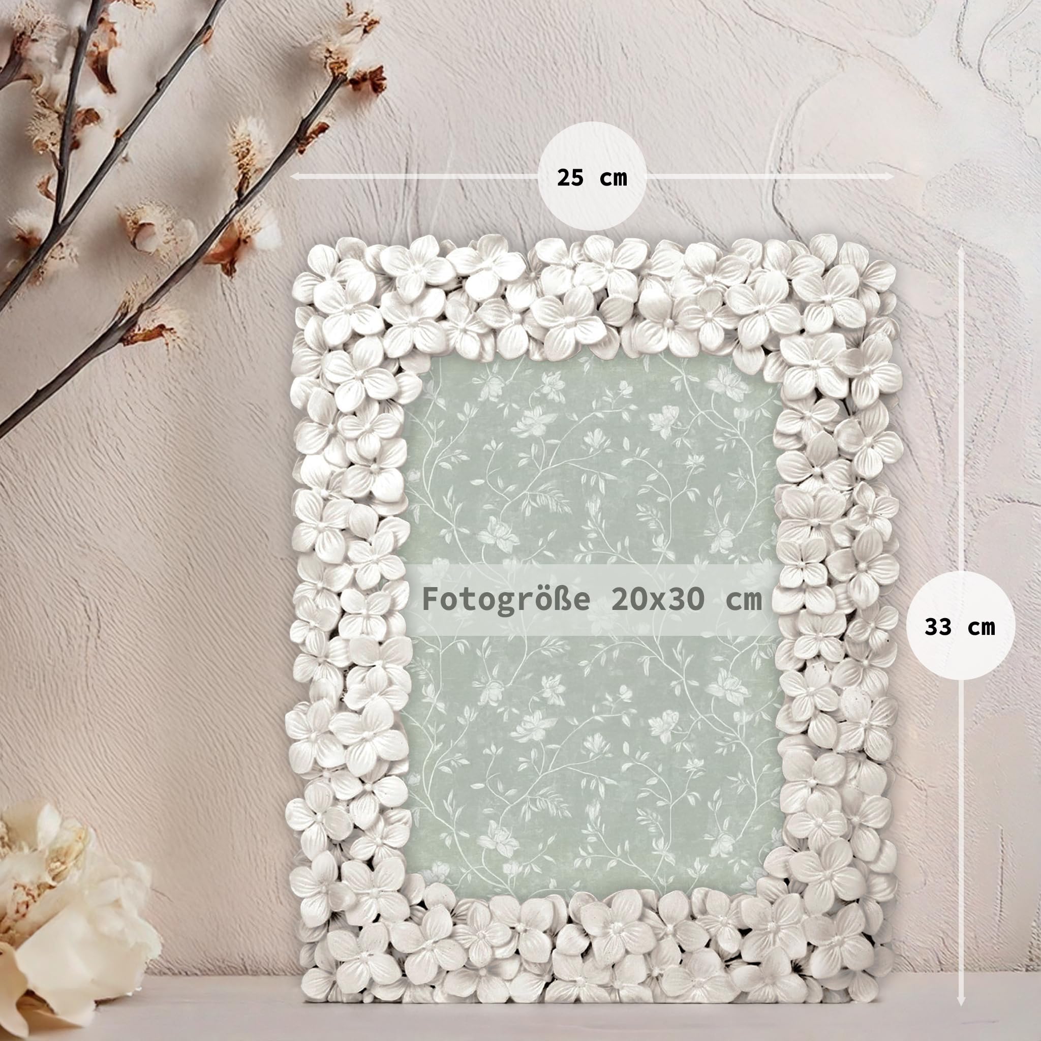 matches21 HOME & HOBBY Bilderrahmen 20 x 30 cm aus Harz - Rechteckiger Fotorahmen, Weiß mit 3D Blumenmuster zum hinstellen
