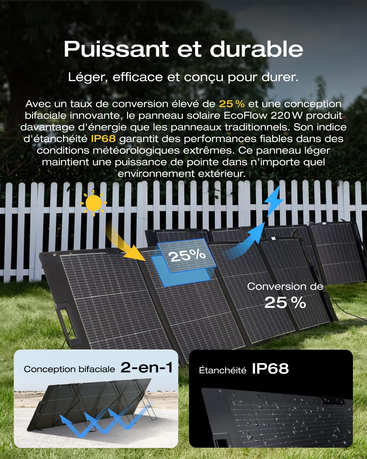 Pack Générateur Solaire EcoFlow DELTA 2 et panneau solaire 220 W, capacité de 1-3 kWh, batterie LFP, charge rapide, station électrique portable pour secours domestique, balcon, camping et camping-cars