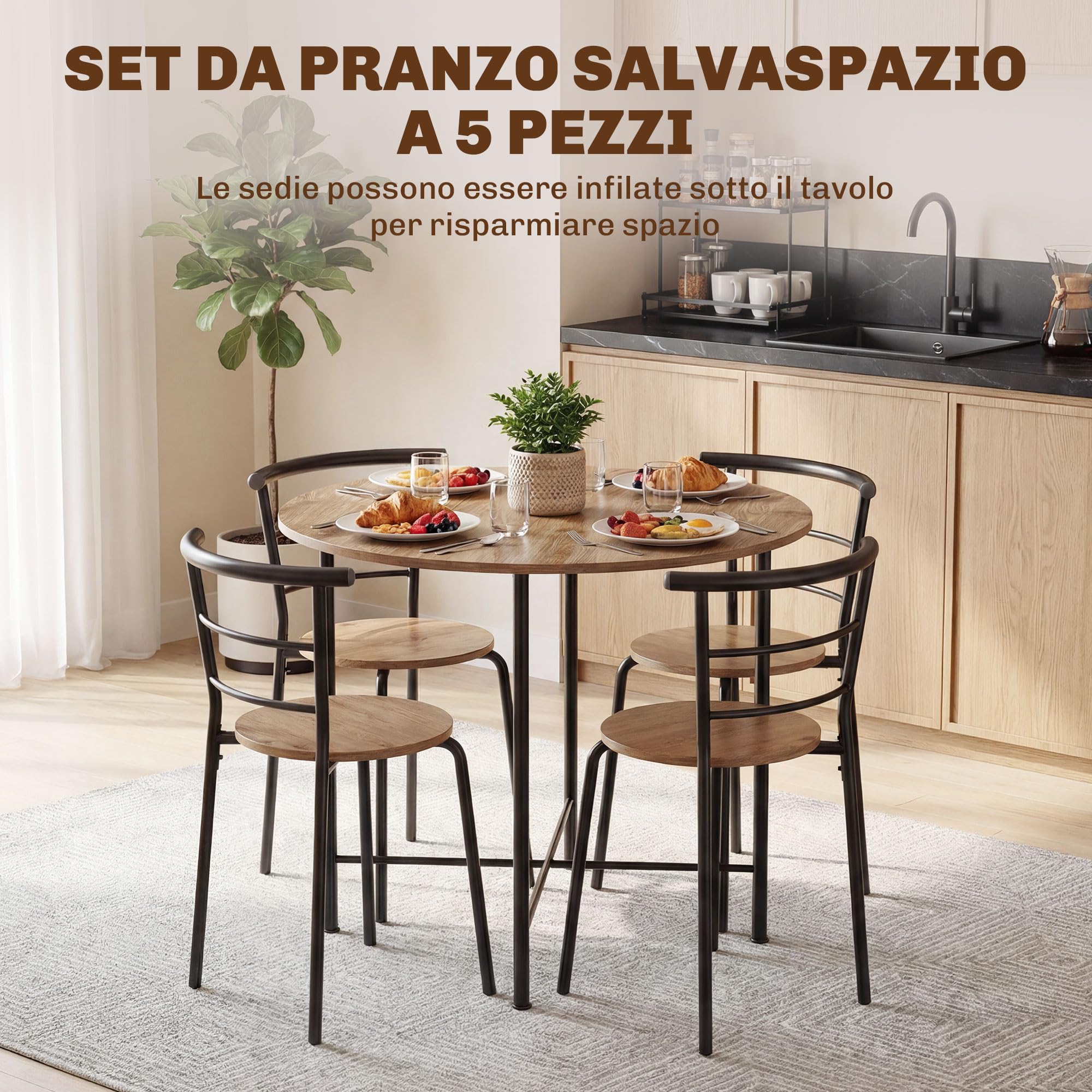 HOMCOM Set Tavolo e Sedie Sala da Pranzo 5 Pezzi, 4 Sedie Nero Color Legno | Tavolo Rotondo, Legno e Metallo, Salvaspazio, Stile Industriale, Soggiorno Salotto Cucina