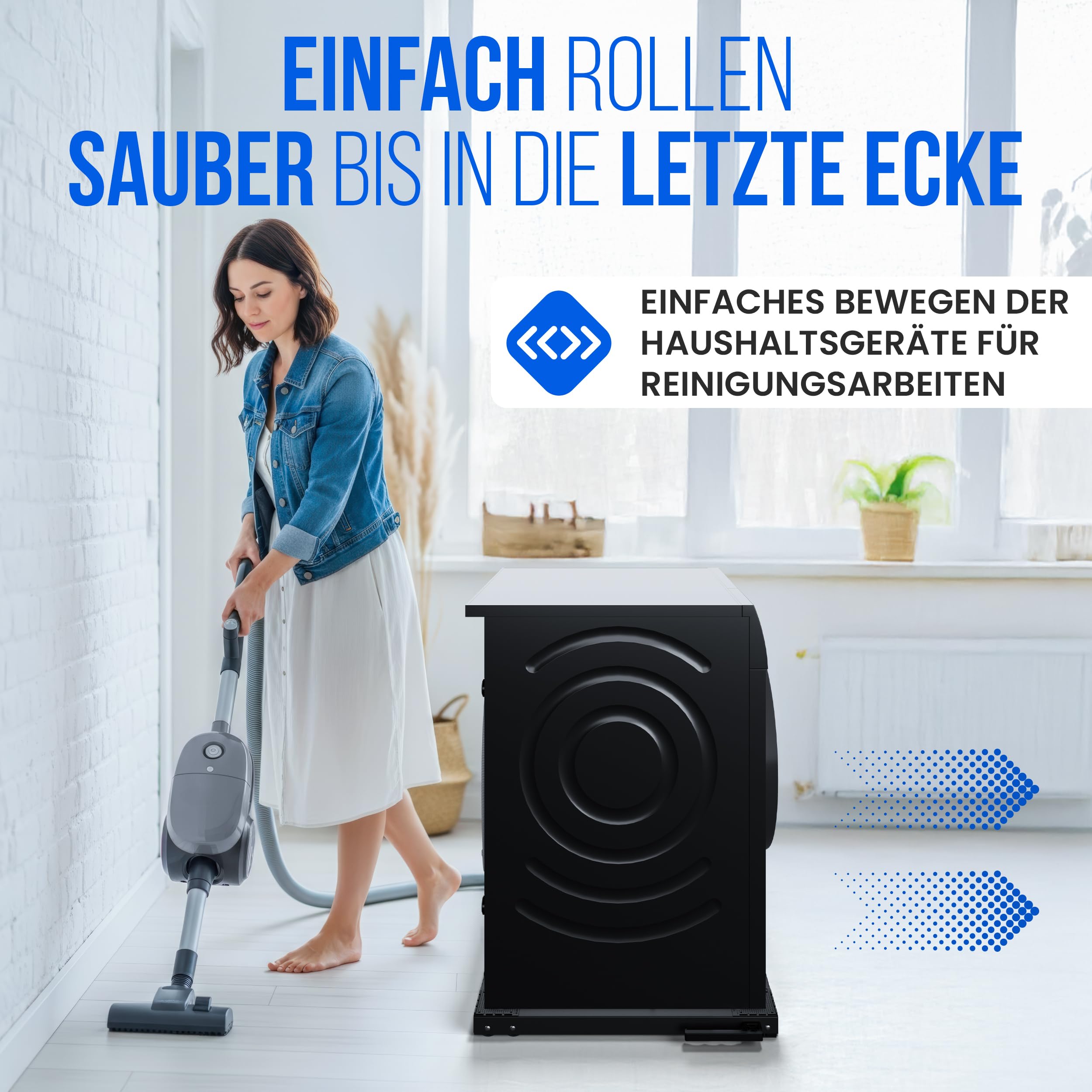 Waschmaschinen Untergestell mit Rollen & Bremse – verstellbar 37–67 cm – 300 kg Traglast – Transportroller mit Vibrationsdämpfung für Waschmaschine, Trockner & Kühlschrank