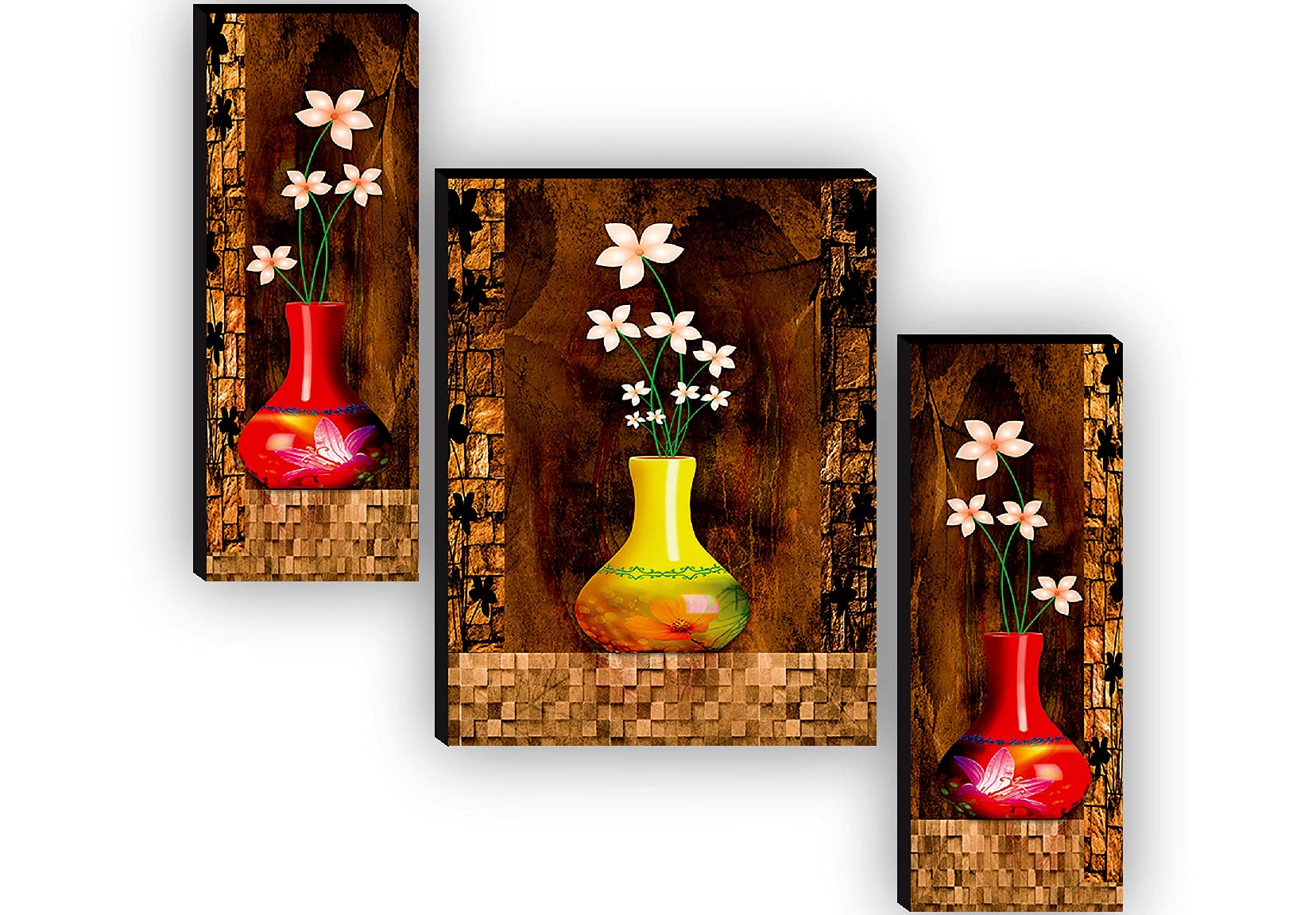 Set of 3 Preety Flower Pot UV Textured Self adeshive Home Decorative Gift Item Painting 18 Inch X 12 Inch SAF-JM4951(color2,Religious;Figures;Floral)