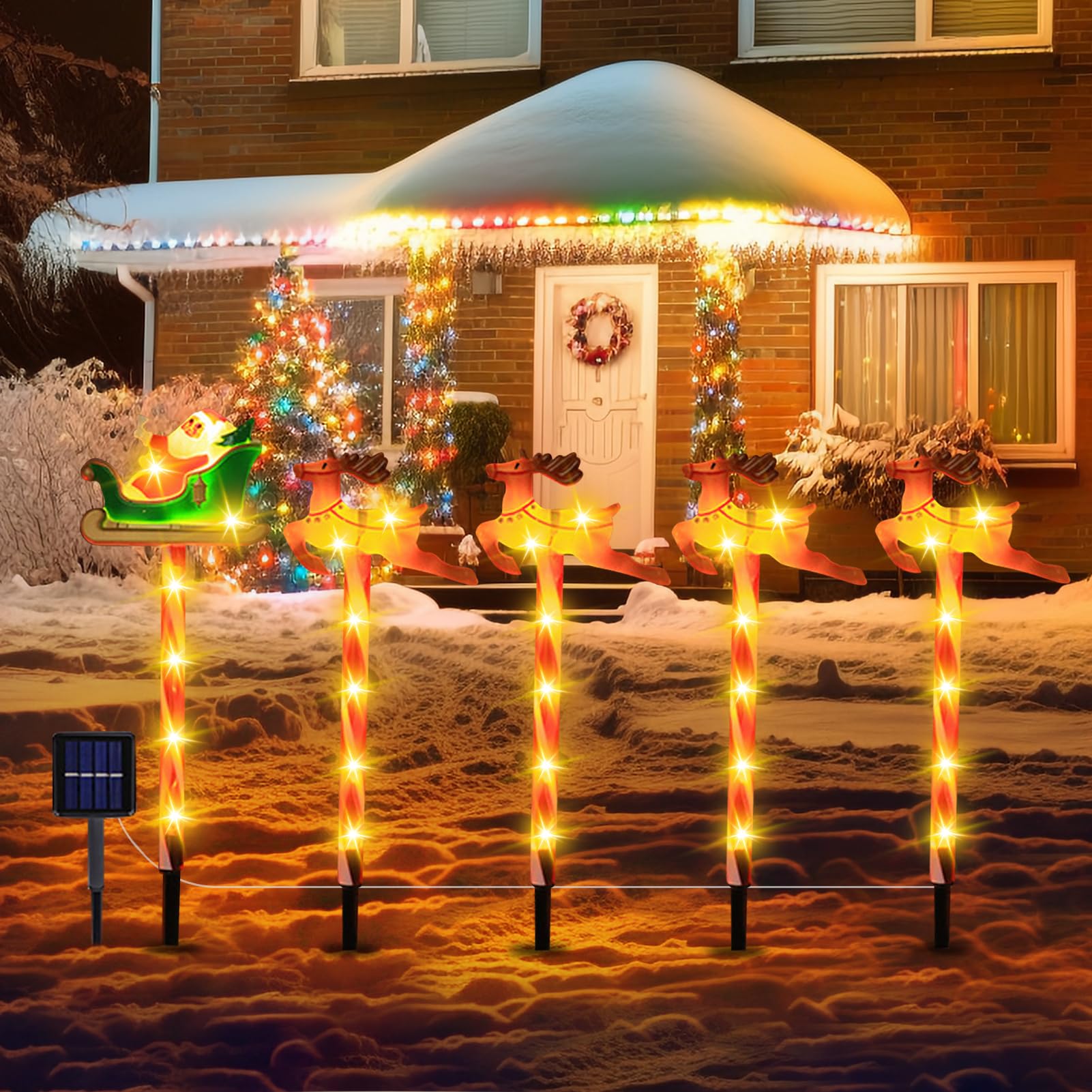 Solar Powered Christmas Path Lights, Set of 5 with Santa & Reindeer Stick Lights, IP65 Waterproof Solar Fairy Lights, Outdoor for Christmas Decoration, Outdoor Garden and Walkway