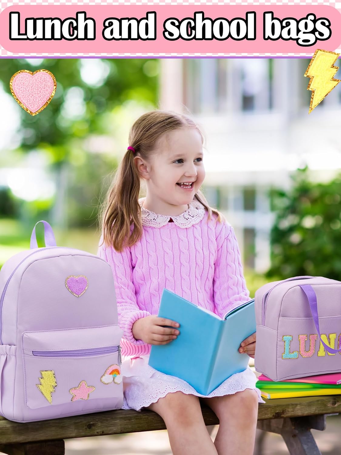Preppy School Backpack Set for Girls Backpack and Lunch Bag with Chenille Patches Preppy Bookbag Lunch Bag for Back to School Gift(Purple)