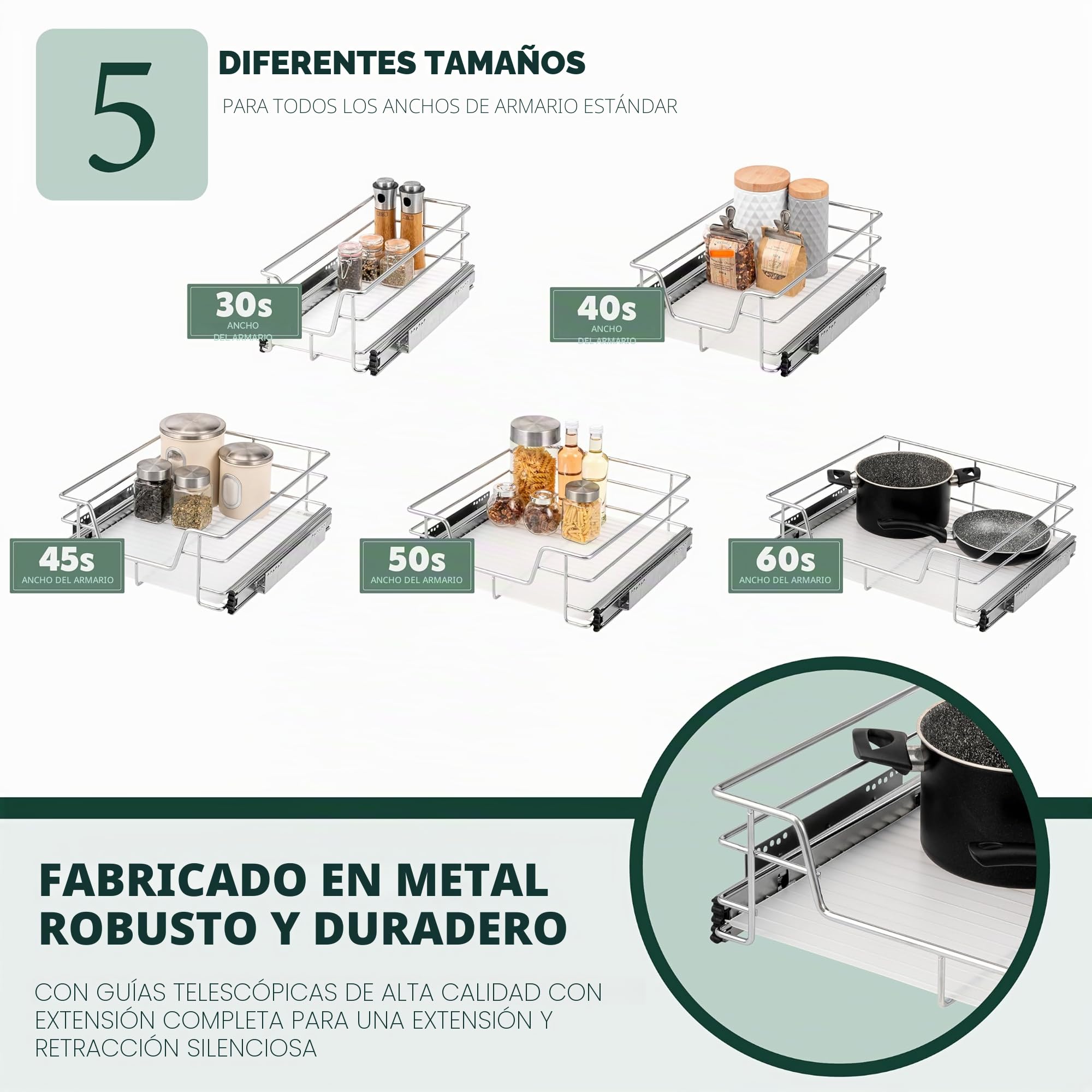 bremermann Cajón telescópico de 60 cm de Ancho con Estante, con guías telescópicas, cajón extraíble Ideal para Cocina y baño, de Metal (Cromo)