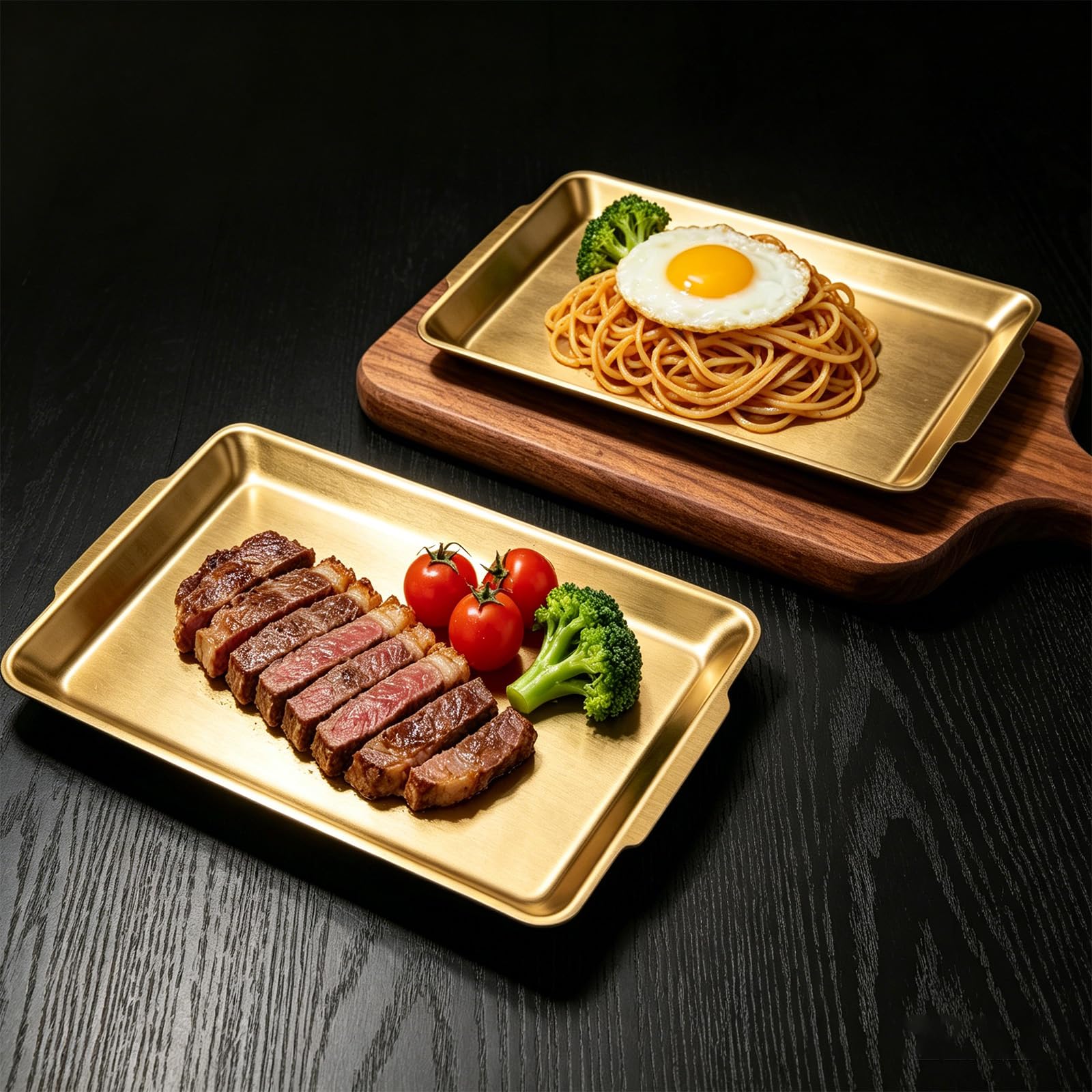 3 Pezzi Vassoio Rettangolare Oro in Acciaio Inox Grande Vassoio da Portata Dorato Acciaio Inossidabile Piatti Portata Rettangolari Oro per Barbecue Cene Feste Buffet Campeggio(40 x 24 x 1.6 cm)