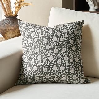 DOMVITUS Floral Pillow Covers 18x18, Throw Pillows for Couch, Block Print Pillow Cover, Decorative Neutral Accent Throw Pillow Covers for Living Room, 1PC, Greyish Green