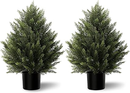Artificial Topiary Cedar Trees 2FT Tall 2 Set, Outdoor Indoor Faux Pine Shrubs Plants, Realistic Fake Plants Front Porch Decor, Artificial Bushes Cypress for Home Front Door Offices