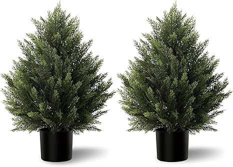 Artificial Topiary Cedar Trees 2FT Tall 2 Set, Outdoor Indoor Faux Pine Shrubs Plants, Realistic Fake Plants Front Porch Decor, Artificial Bushes Cypress for Home Front Door Offices
