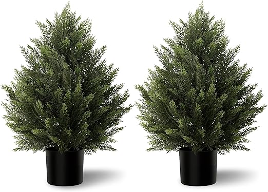 Artificial Topiary Cedar Trees 2FT Tall 2 Set, Outdoor Indoor Faux Pine Shrubs Plants, Realistic Fake Plants Front Porch Decor, Artificial Bushes Cypress for Home Front Door Offices