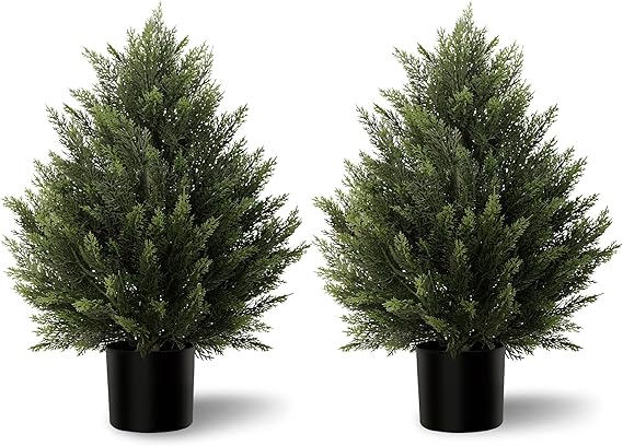 Artificial Topiary Cedar Trees 2FT Tall 2 Set, Outdoor Indoor Faux Pine Shrubs Plants, Realistic Fake Plants Front Porch Decor, Artificial Bushes Cypress for Home Front Door Offices