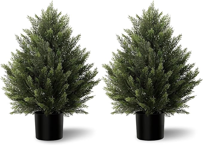 Artificial Topiary Cedar Trees 2FT Tall 2 Set, Outdoor Indoor Faux Pine Shrubs Plants, Realistic Fake Plants Front Porch Decor, Artificial Bushes Cypress for Home Front Door Offices