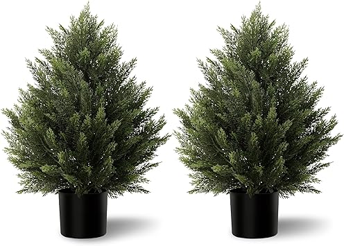 Artificial Topiary Cedar Trees 2FT Tall 2 Set, Outdoor Indoor Faux Pine Shrubs Plants, Realistic Fake Plants Front Porch Decor, Artificial Bushes Cypress for Home Front Door Offices