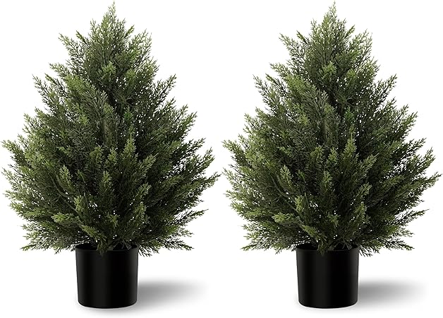 Artificial Topiary Cedar Trees 2FT Tall 2 Set, Outdoor Indoor Faux Pine Shrubs Plants, Realistic Fake Plants Front Porch Decor, Artificial Bushes Cypress for Home Front Door Offices
