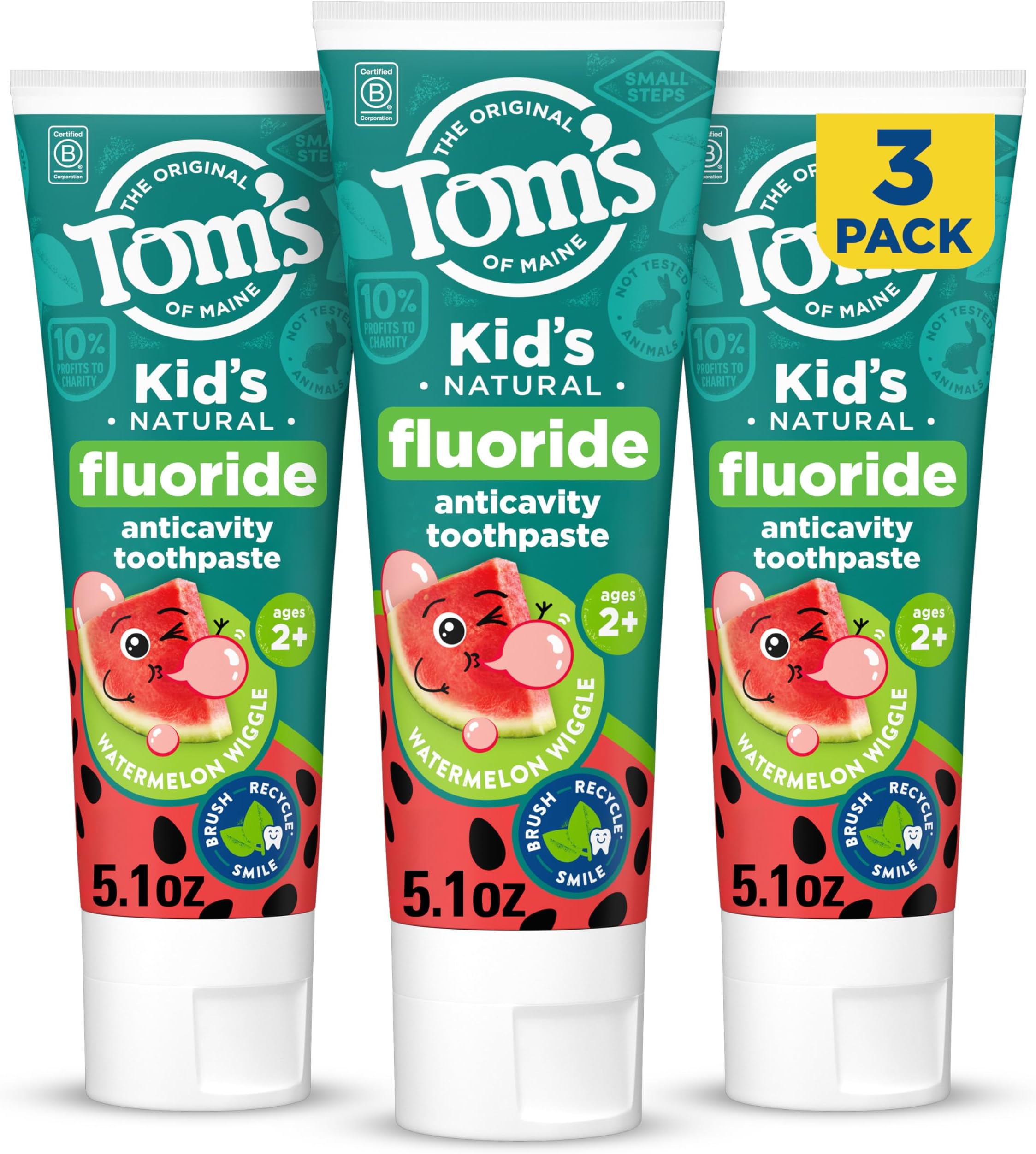 Tom's of Maine Kid's Natural Fluoride Toothpaste, Watermelon, 5.1 oz. 3-pack