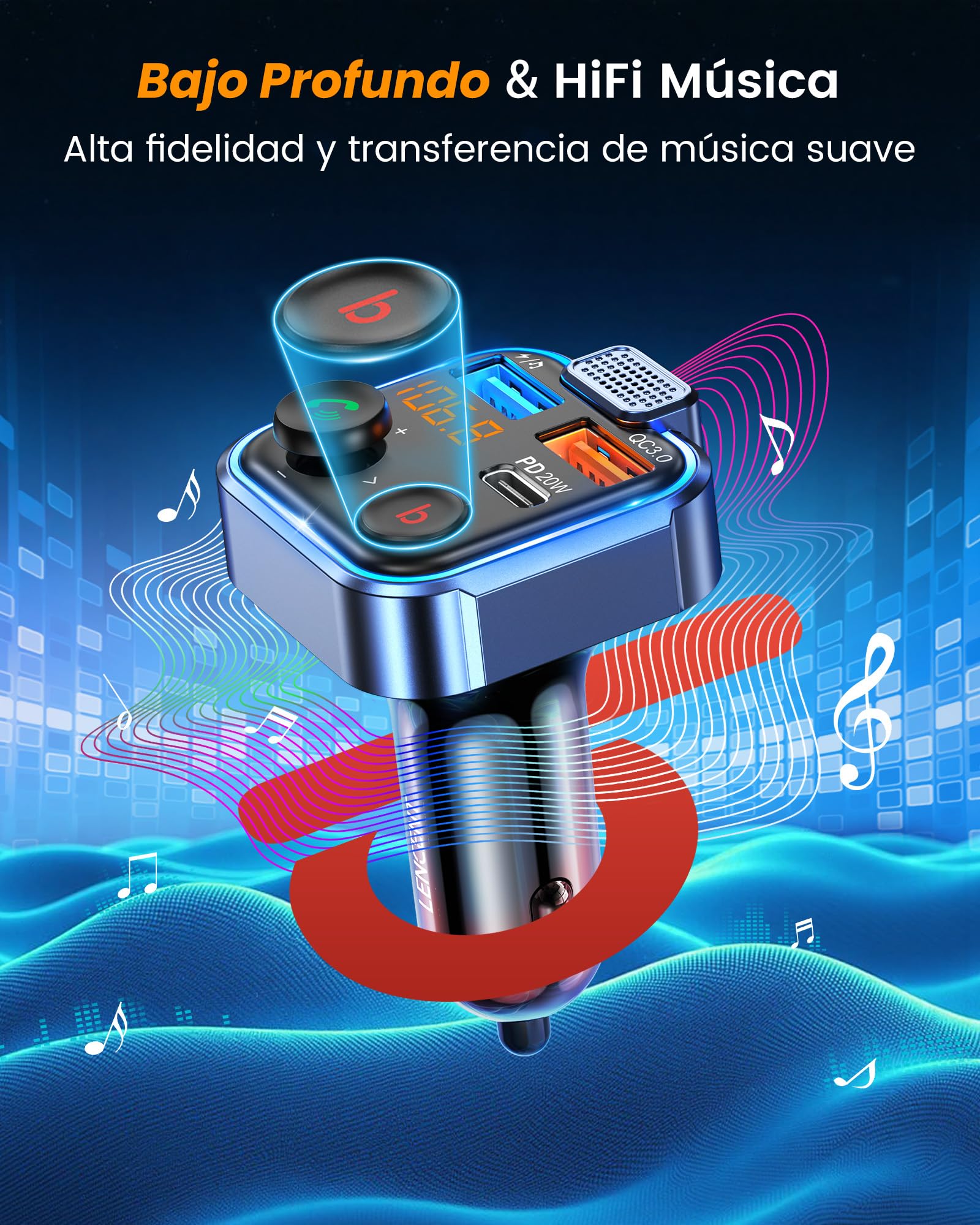 LENCENT Transmisor FM Bluetooth 5.3,Manos Libres Reproductor Música Coche, Deep Bass Sonido Hi-Fi, Adaptador Radio Bluetooth 2 USB+Tipo C 20W Carga Rápida, Soporte Memoria USB — view 3